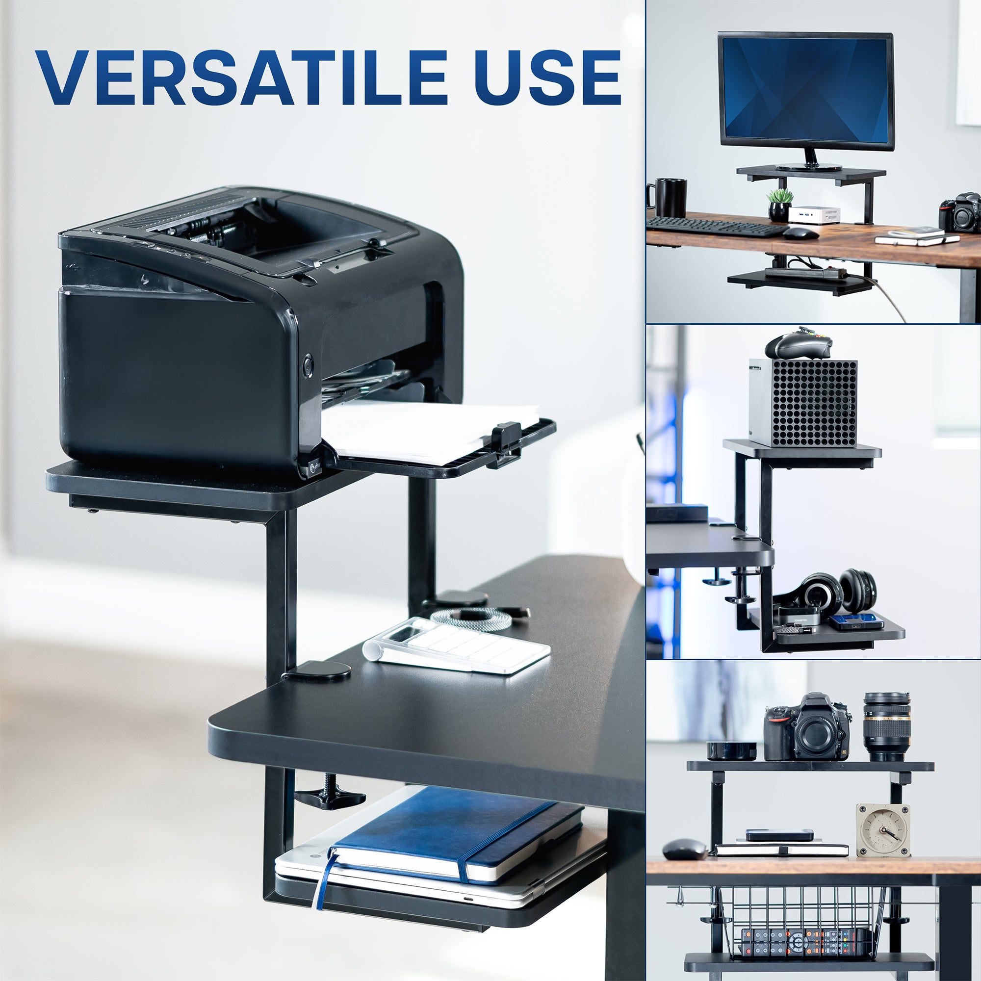 Above or below desk dual tier adjustable shelving system for flexible desk organization using convenient clamp-on storage. This versatile two-platform product can be arranged in multiple configurations to suit your workspace needs and aesthetic preferences.