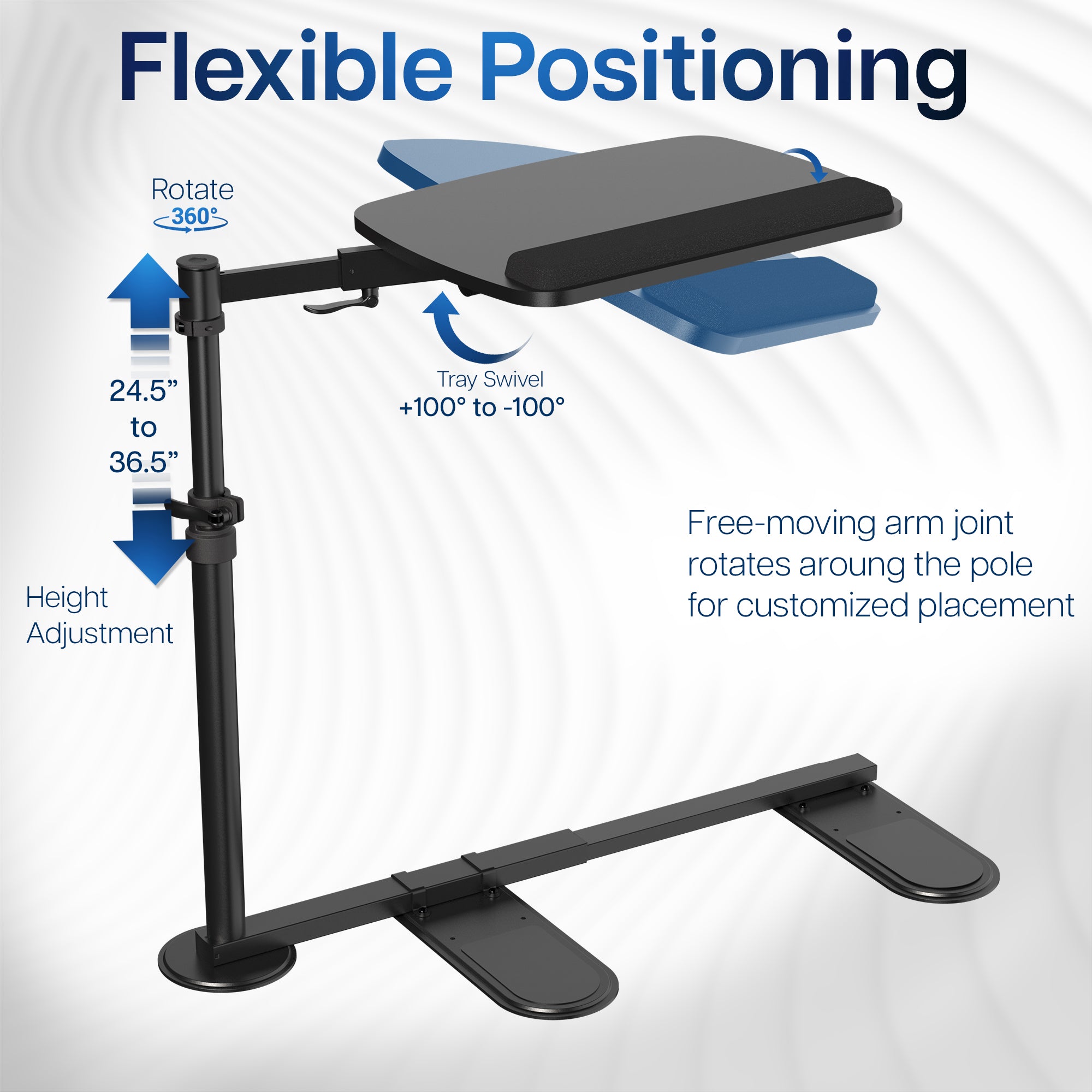 Black adjustable laptop desk with measurements on a white background