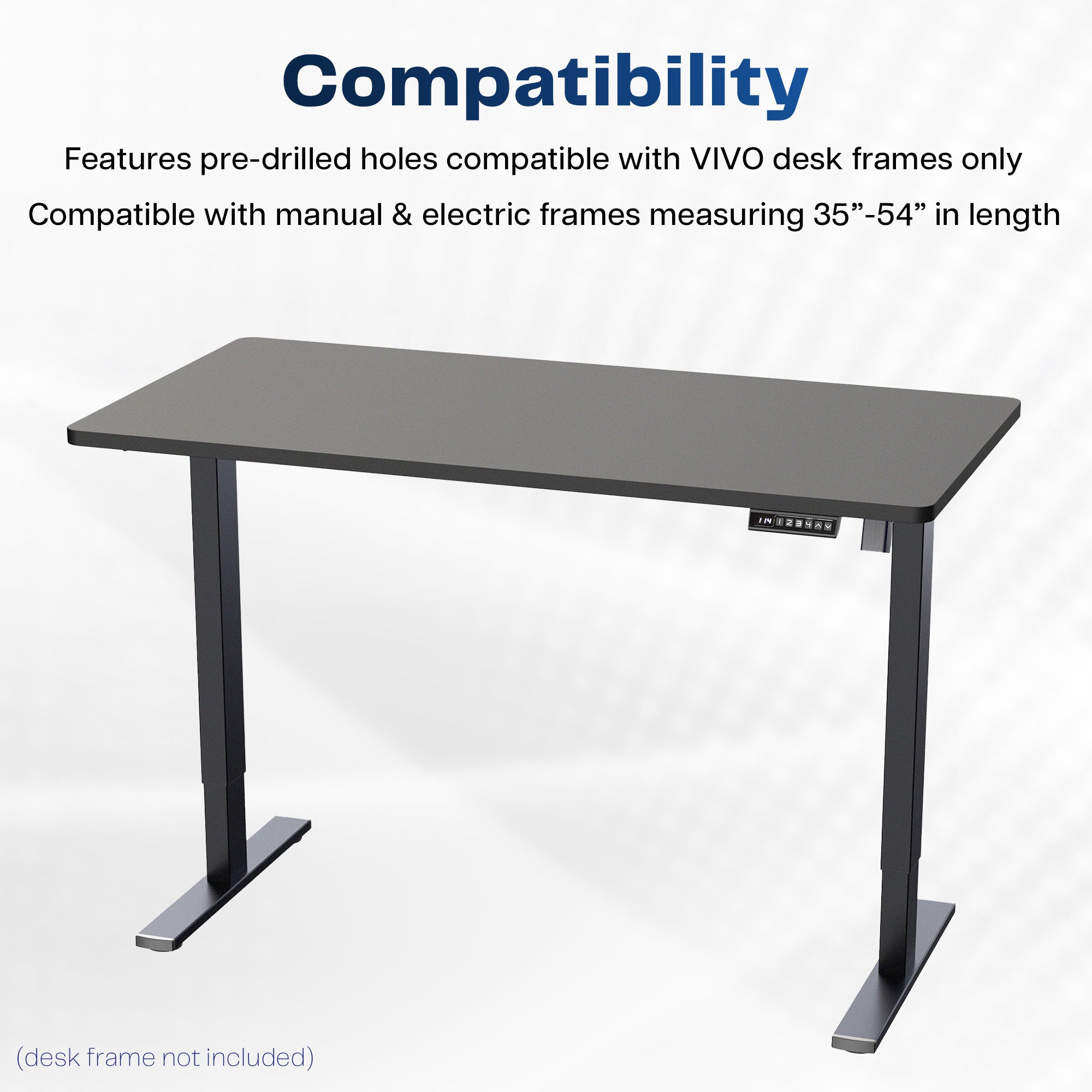 Black desk with text about compatibility with VIVO desk frames on a white background