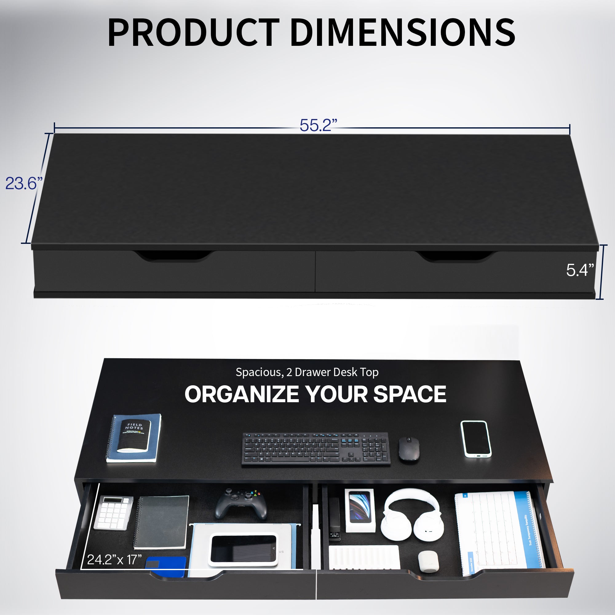 Black shelf with a drawer on a white background