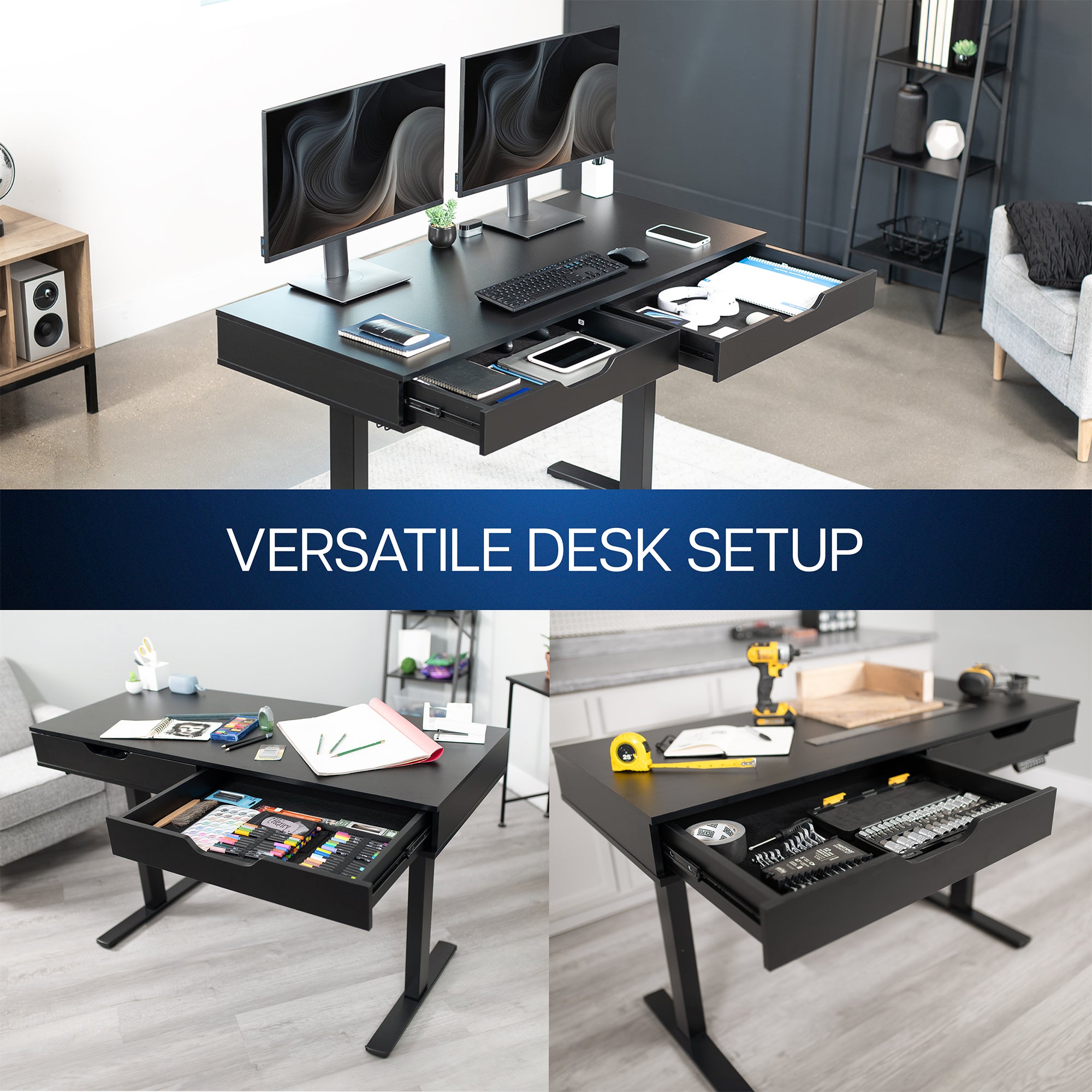 Black shelf with a drawer in a modern office with 3 different setups.