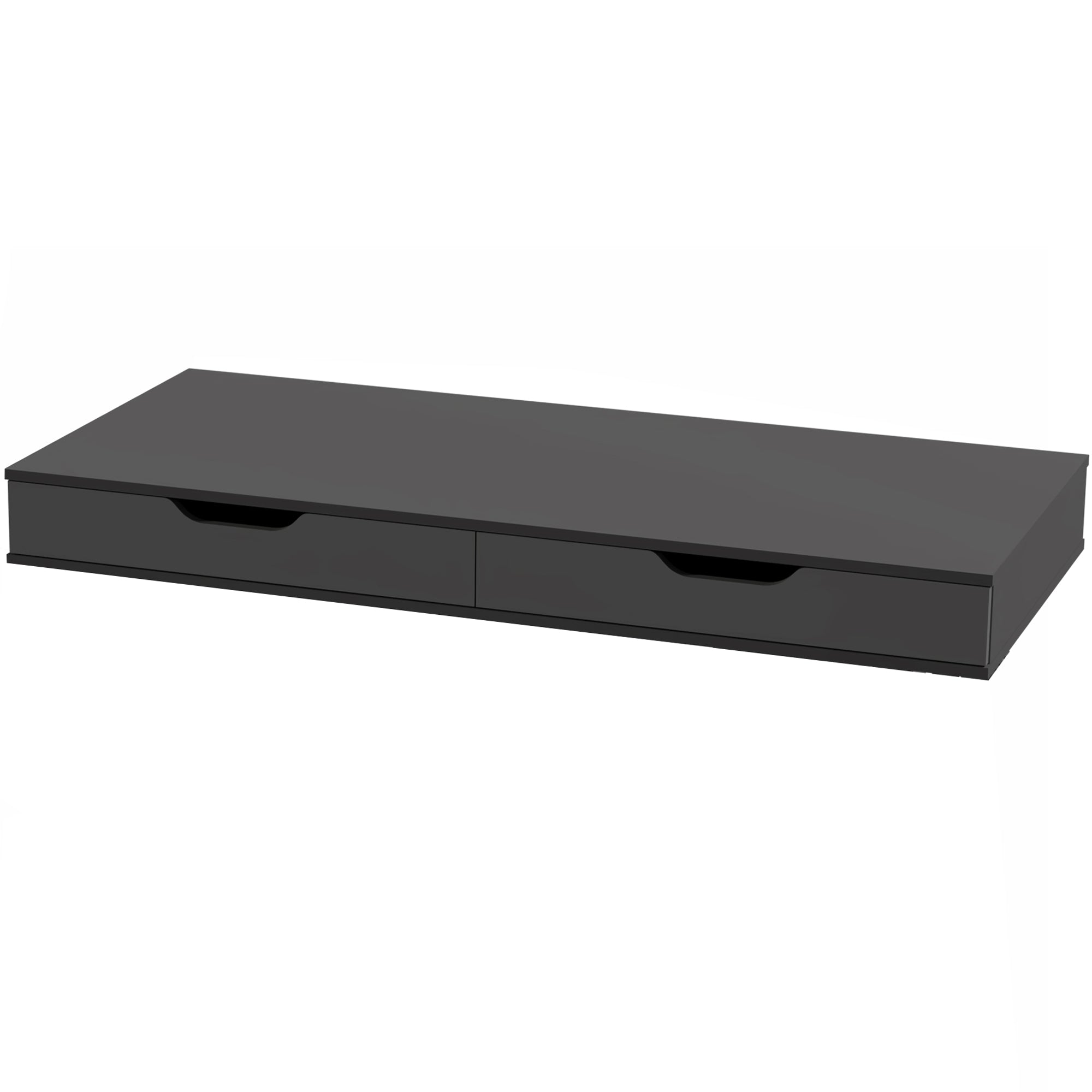 Black shelf with a drawer on a white background.