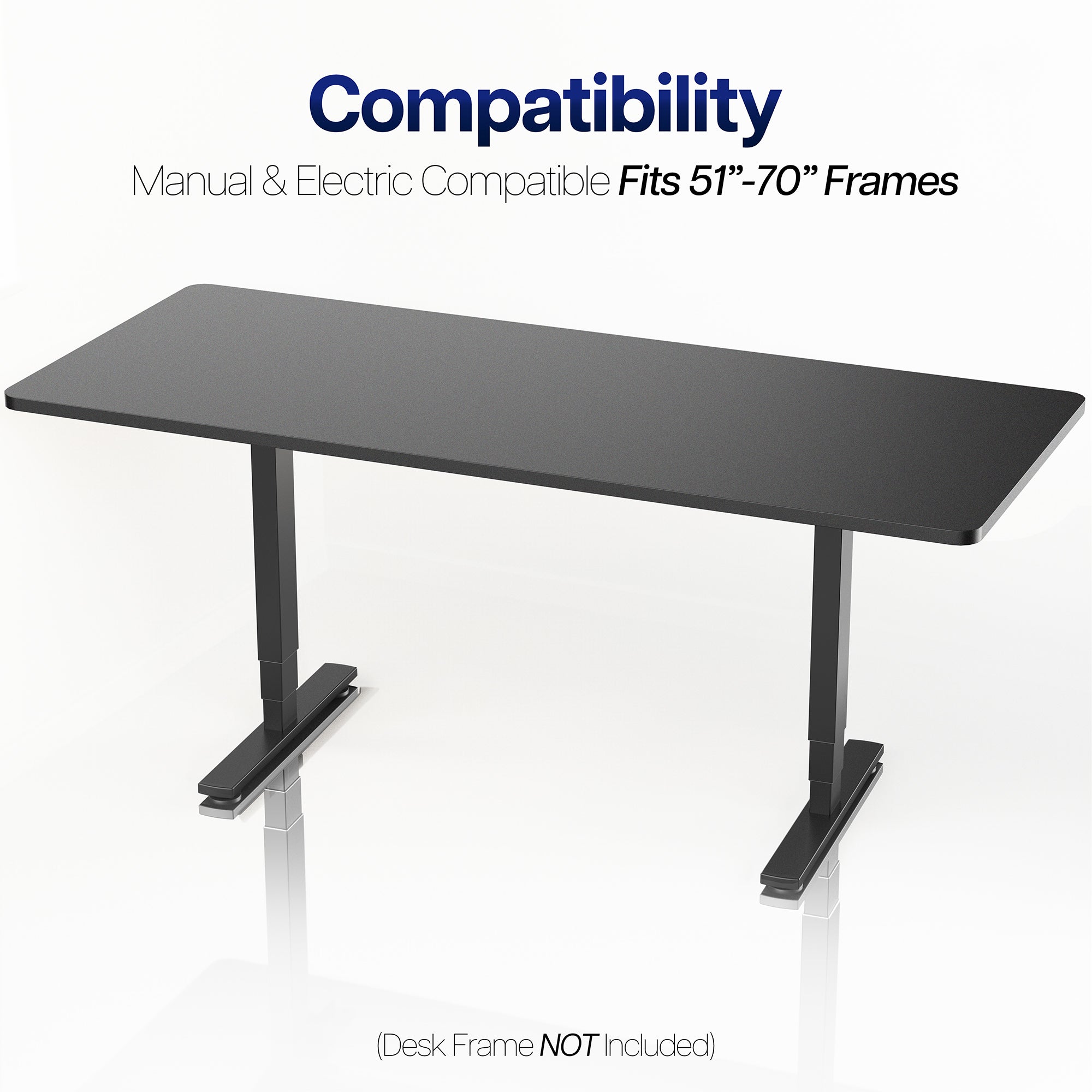 Black adjustable desk on a white background with compatibility text.