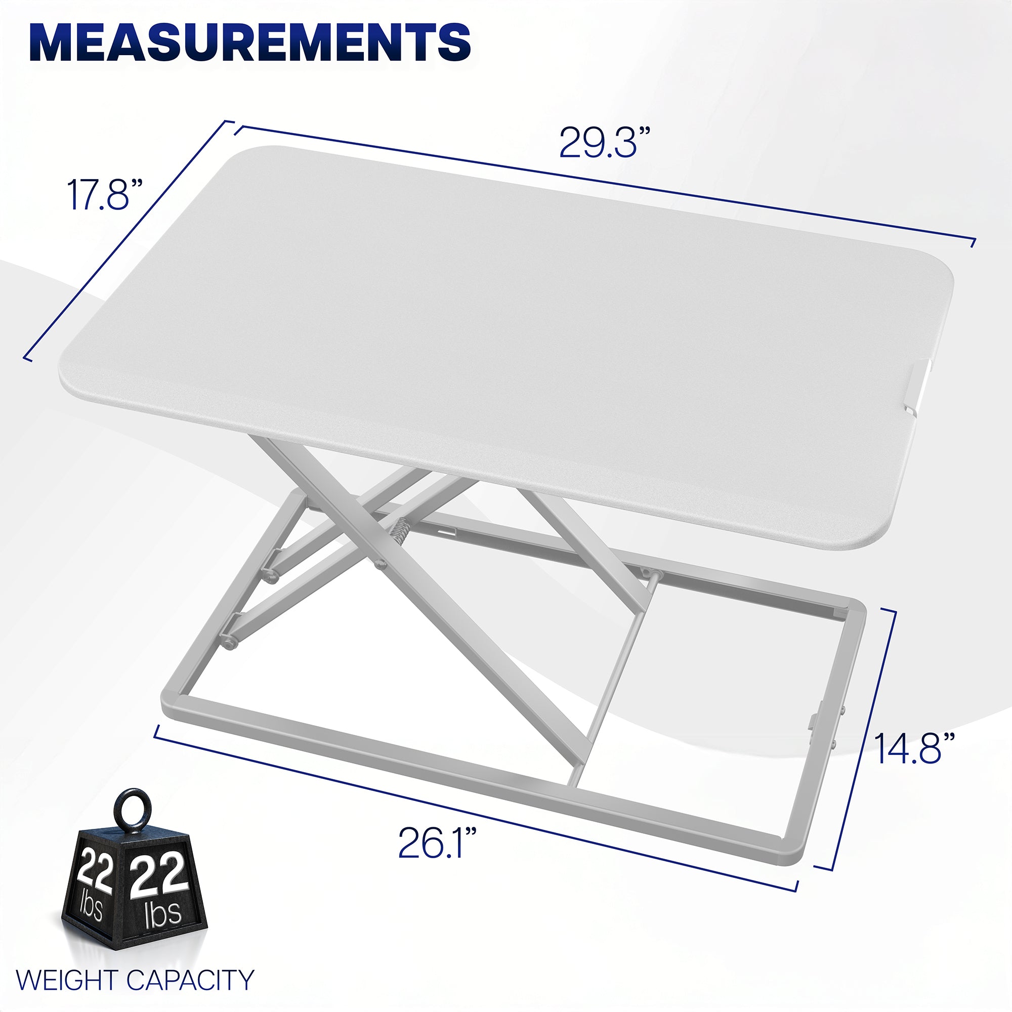 White heavy-duty height adjustable desk converter monitor riser with measurements and weight capacity displayed