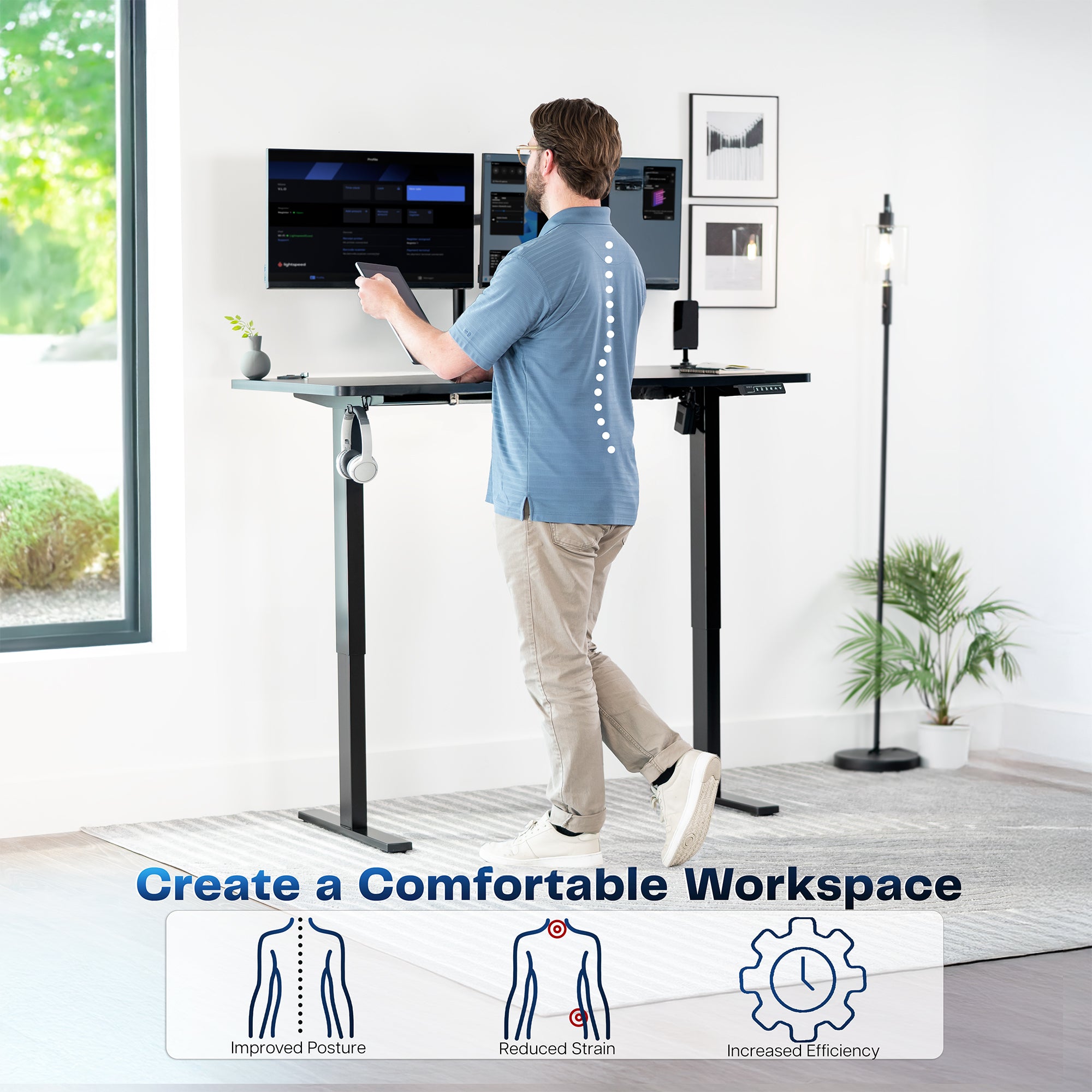 Sturdy ergonomic sit or stand desk frame for active workstation with adjustable height using smart control panel.