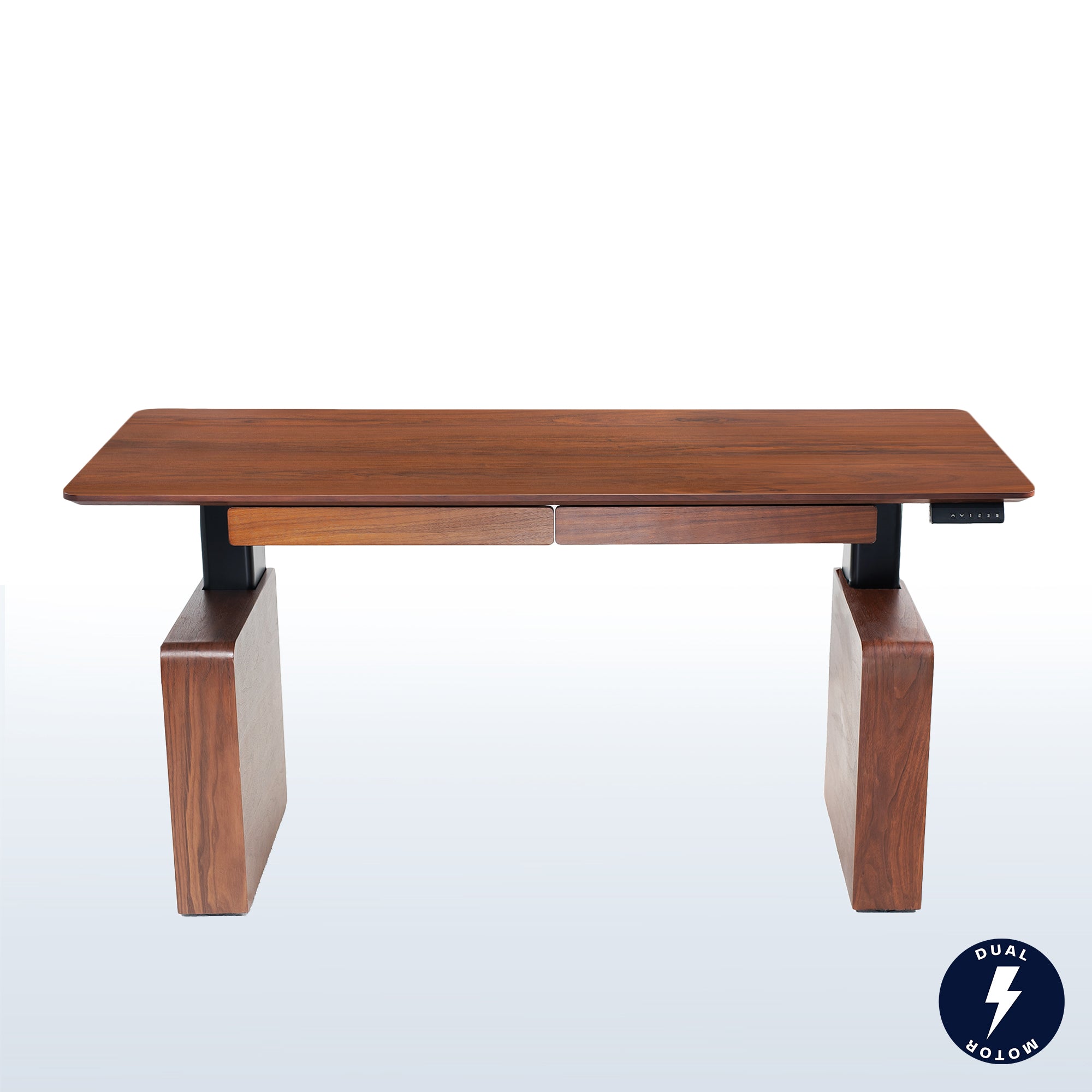 Spacious sit to stand walnut executive desk with two pull-out drawers, adjustable shelving on the reversible legs, and a built-in power strip for convenient connectivity.
