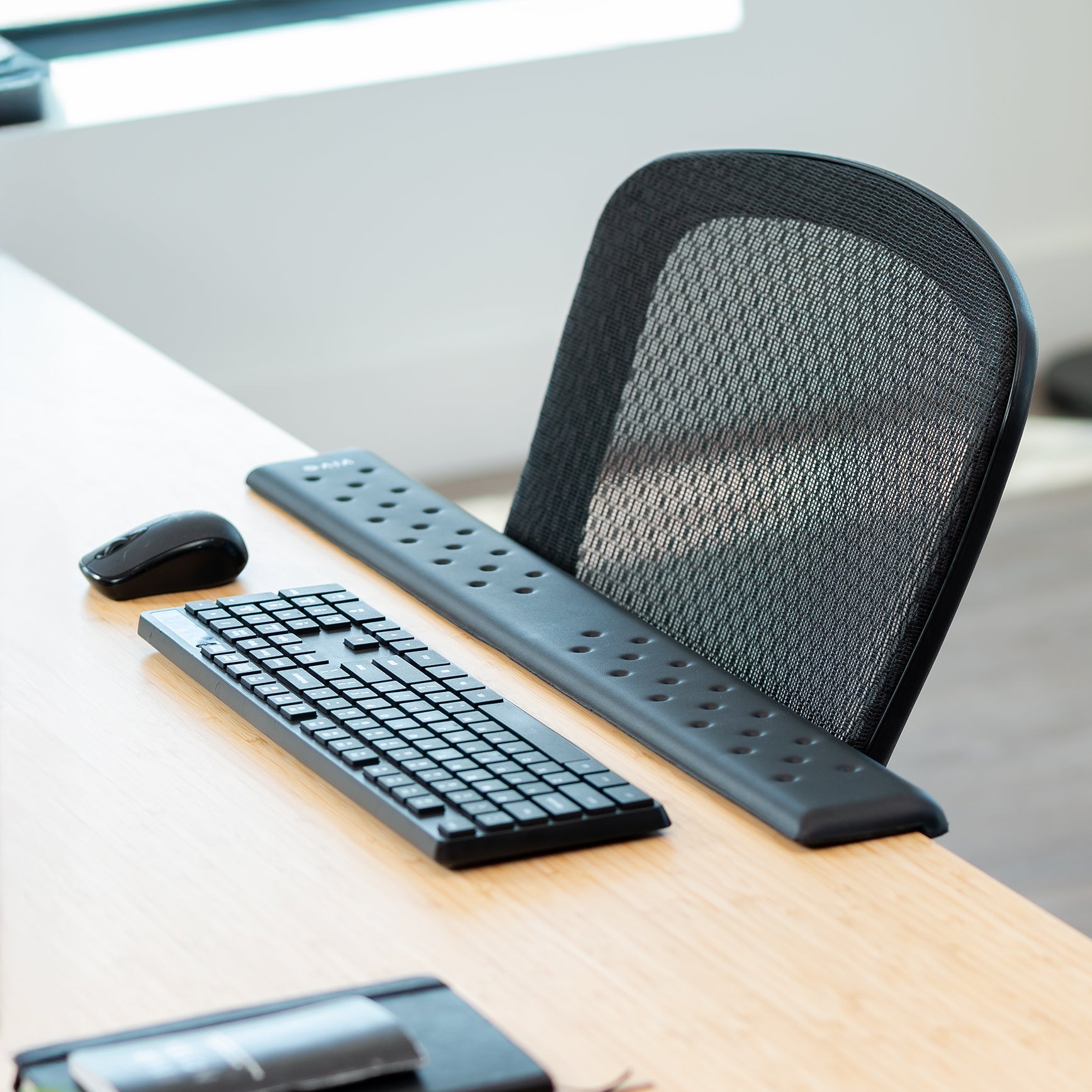 30in Memory Foam Wrist Pad on desk with keyboard and mouse.