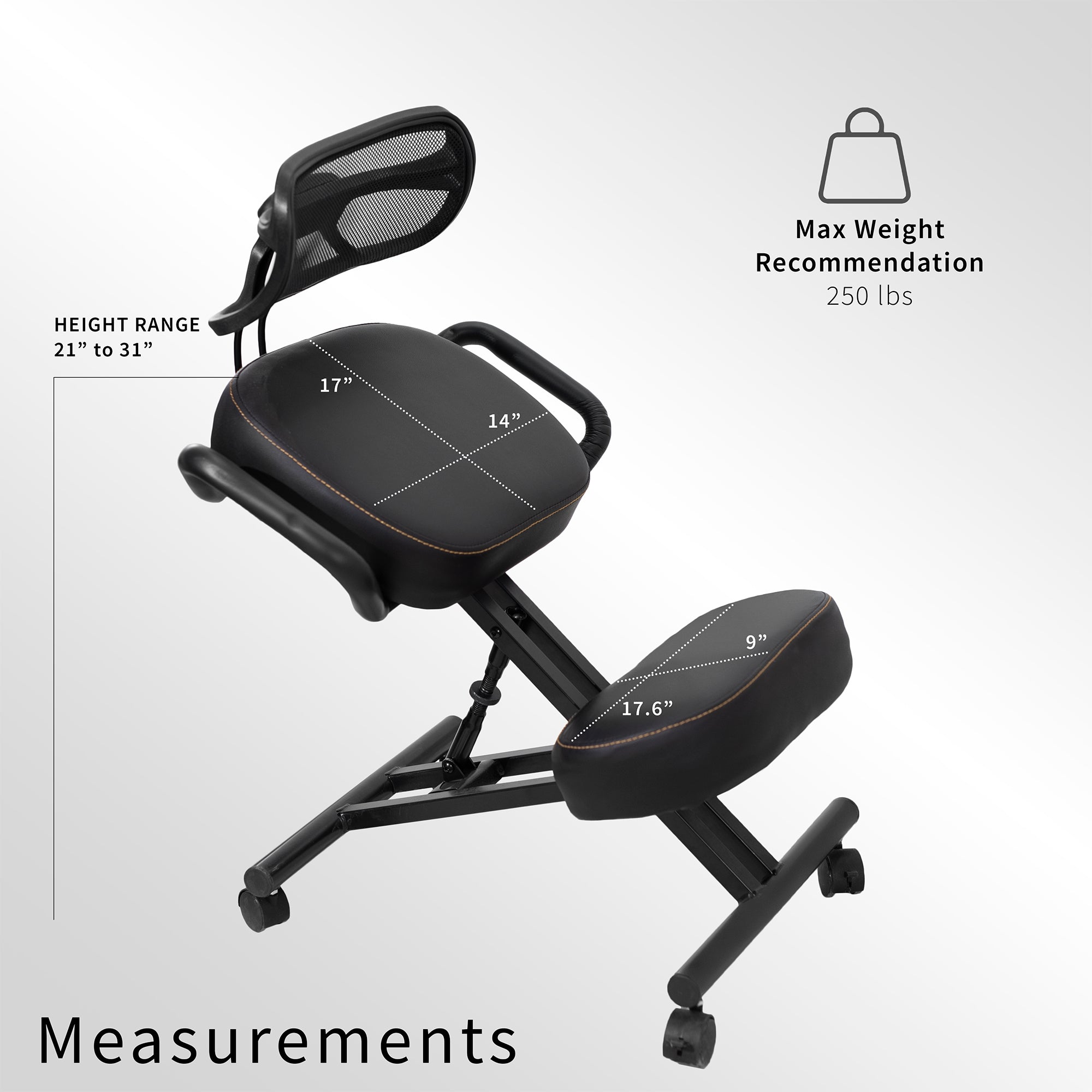 Height adjustable comfortable kneeling chair with locking caster wheels.