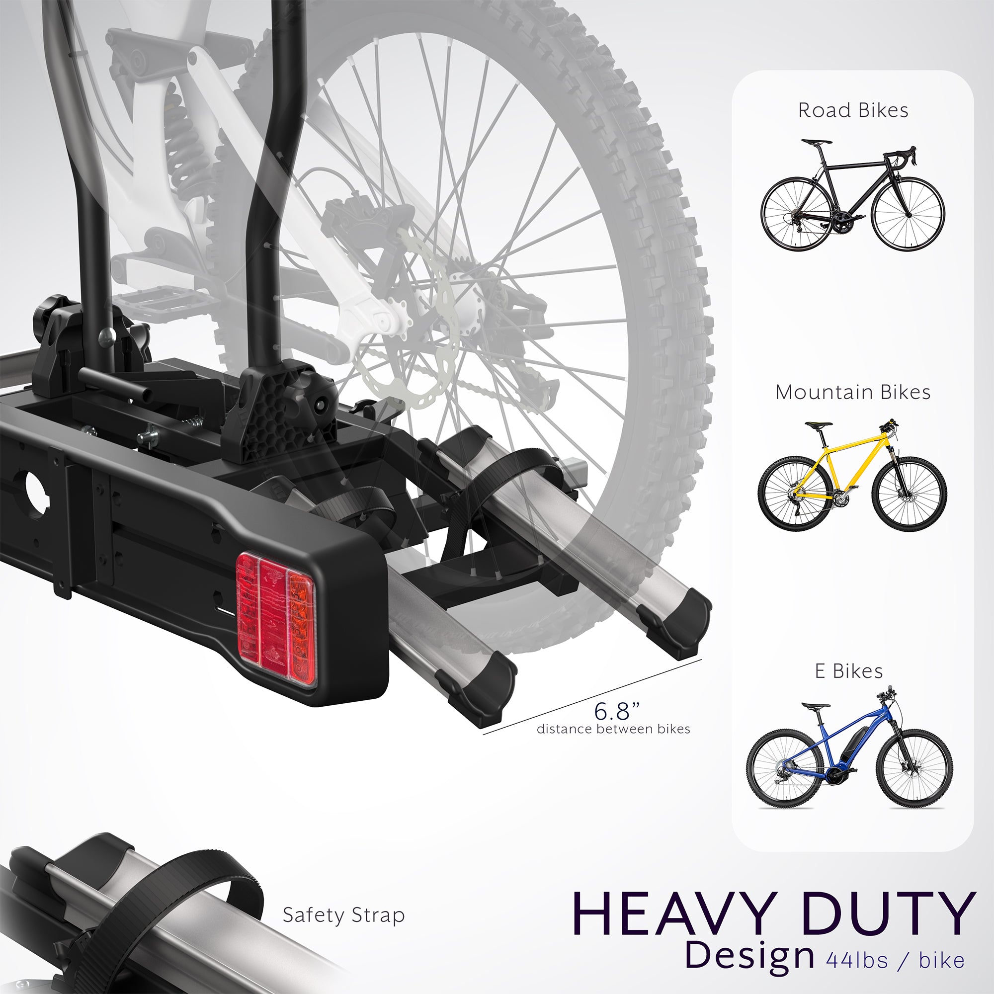 A black hitch bike rack with taillights and a license plate holder attached to the rear of a vehicle.