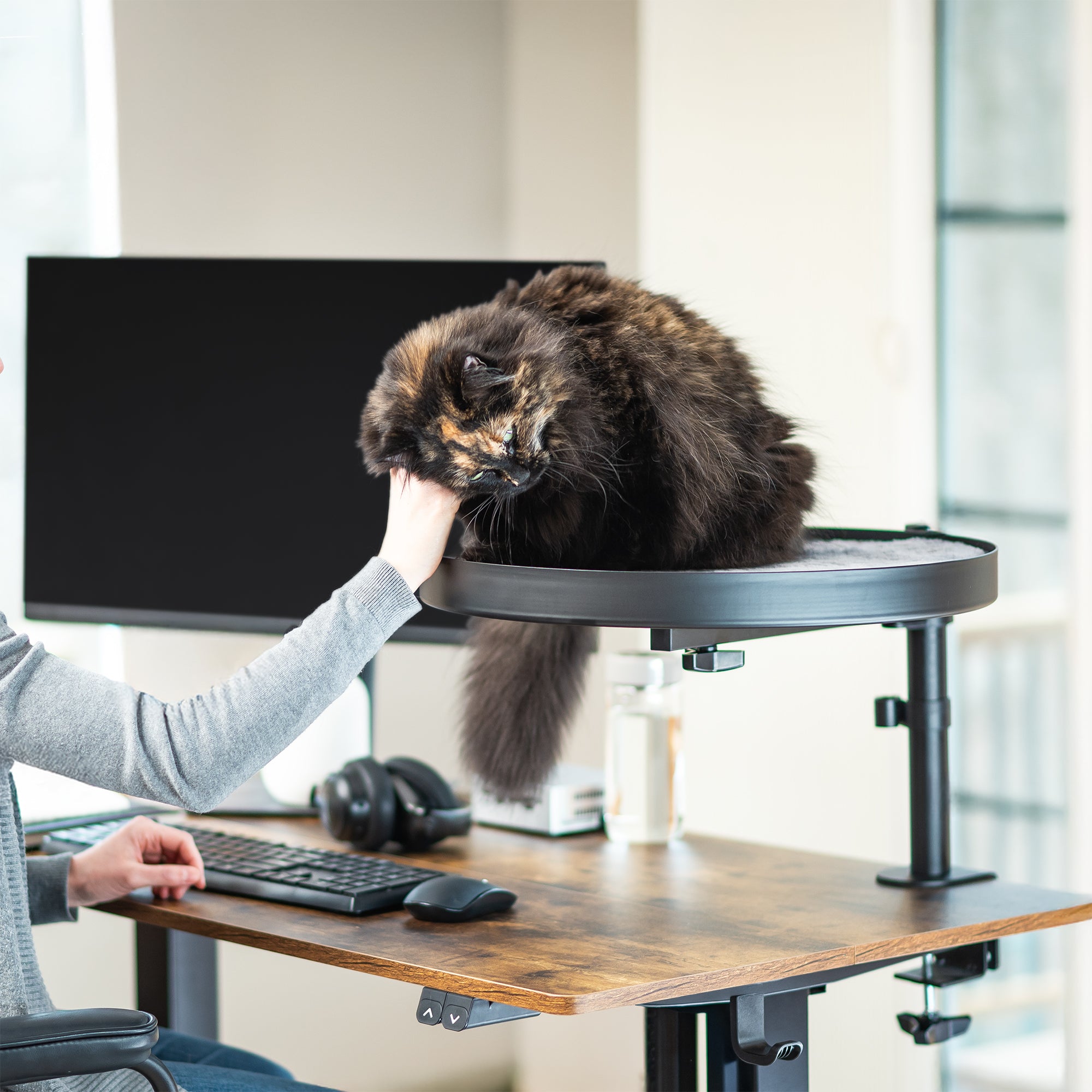 Clamp-on cat bed gives your kitty a comfortable place to rest off of the desk surface.