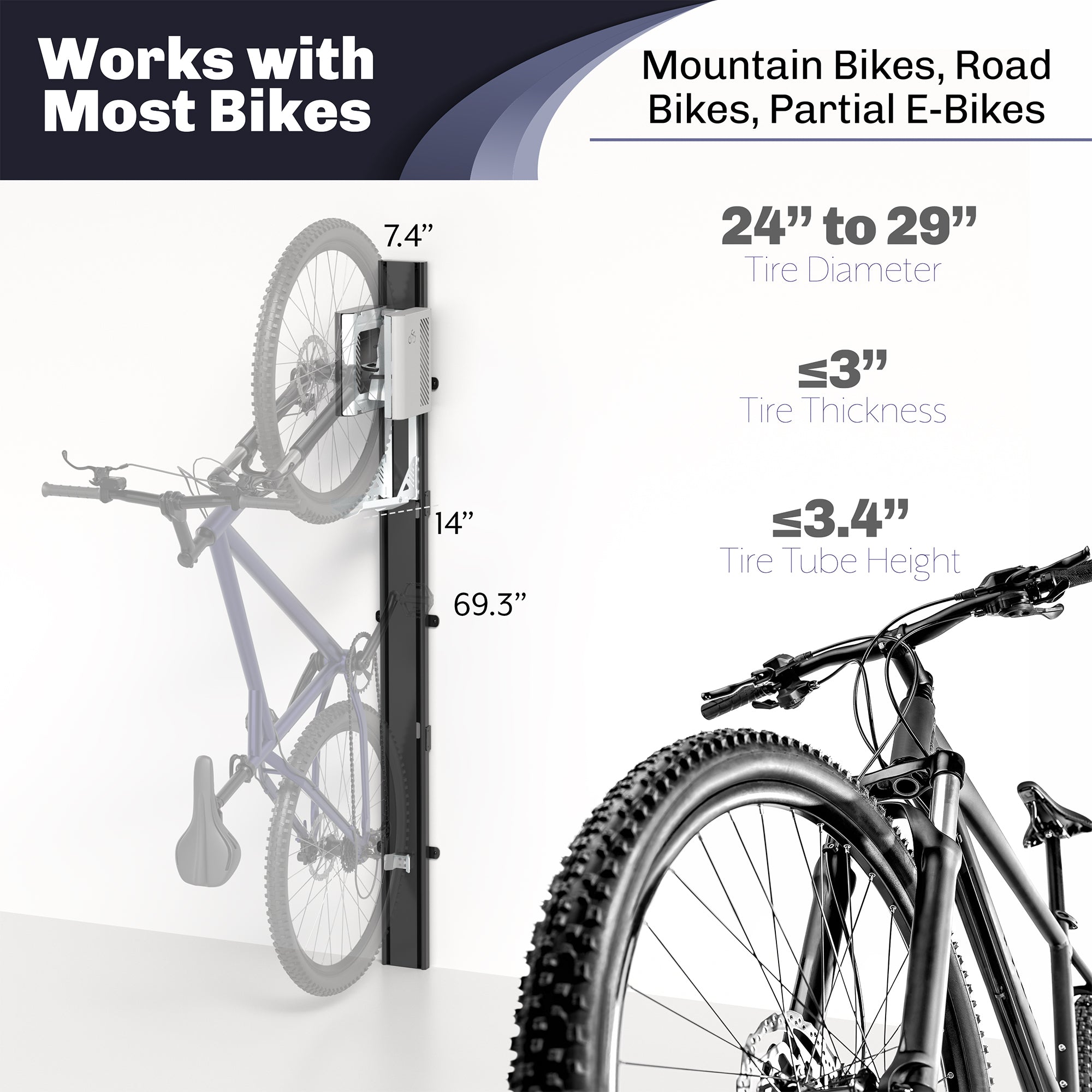 Wall mounted bike rack with mechanical lift with measurements on a white background.