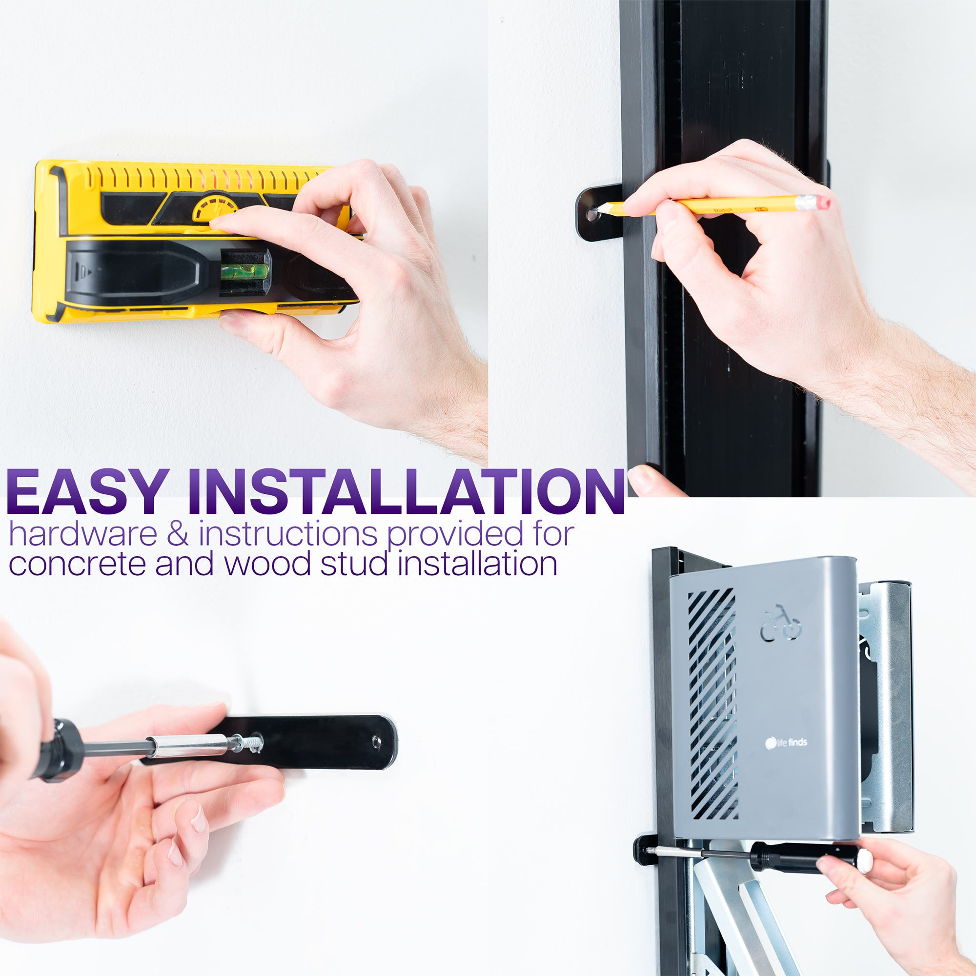 Wall mounted bike rack with text describing easy installation.