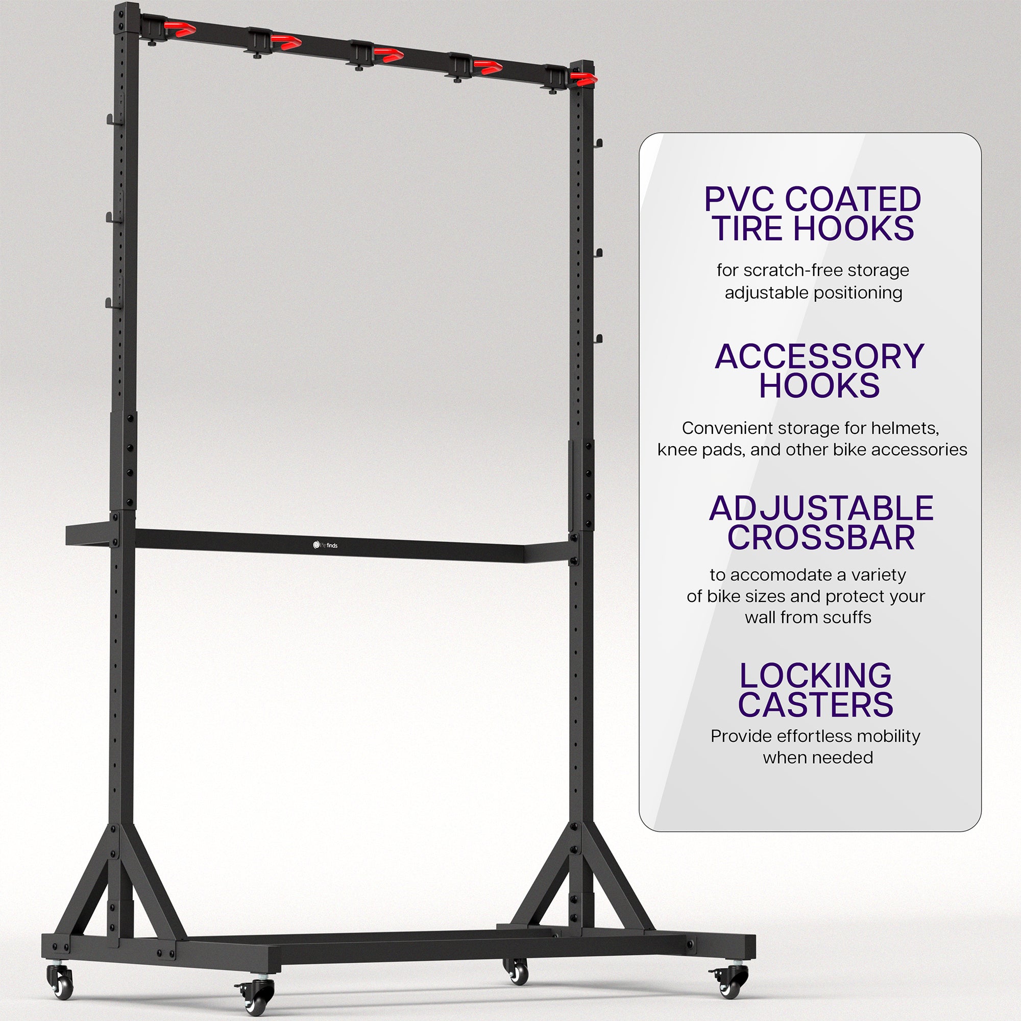 Black metal bike storage rack with adjustable crossbar and tire hooks on a white background