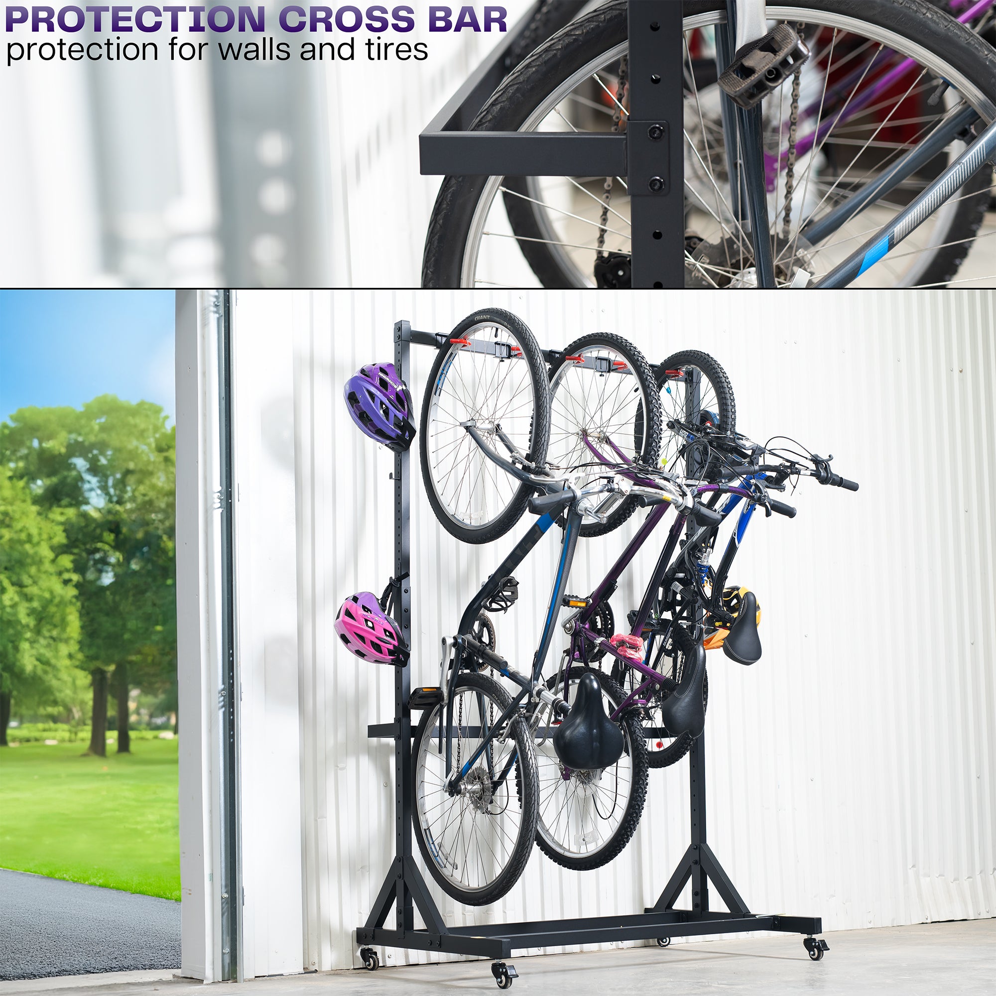 Bicycle rack with multiple bikes and a helmet, set against a white wall with a window view.