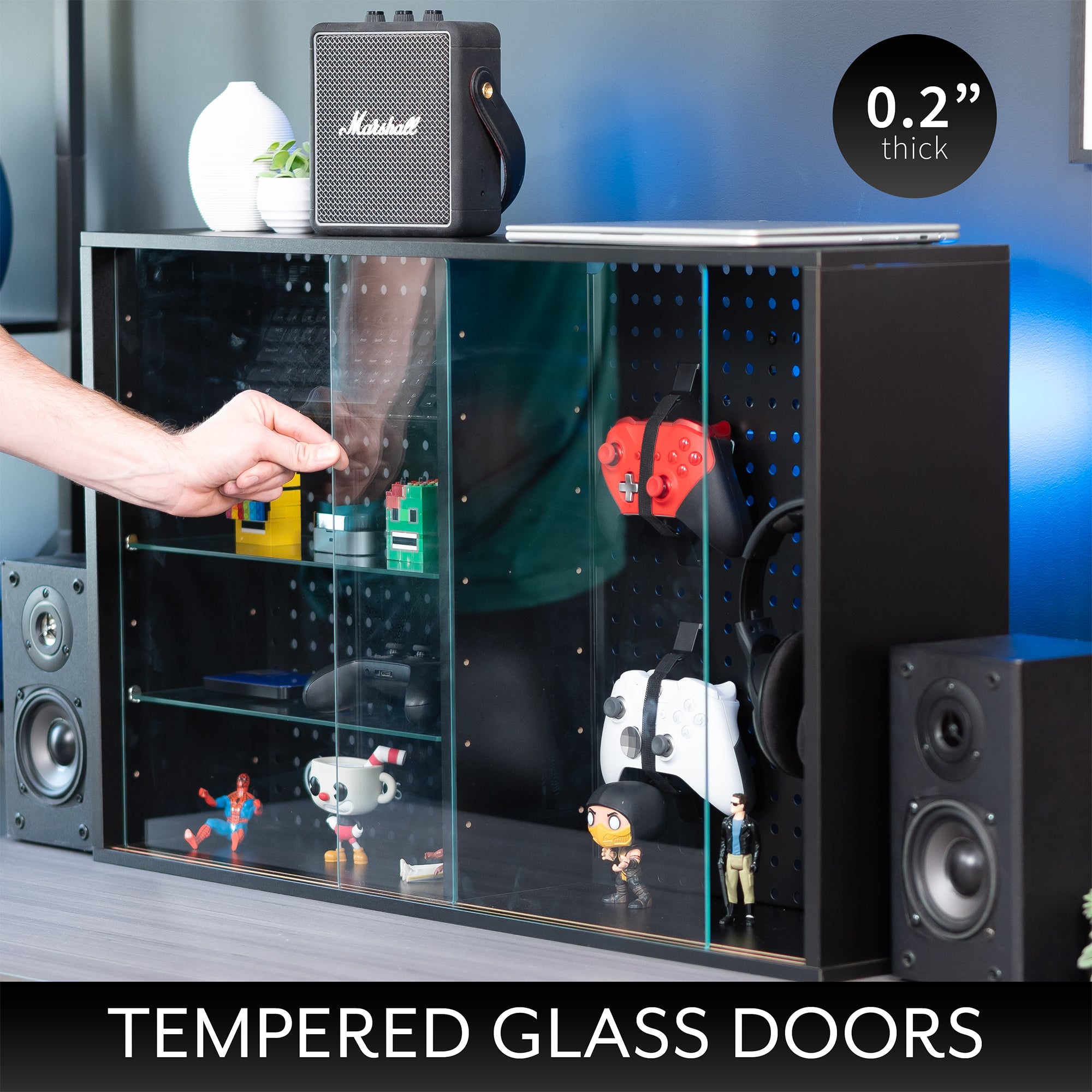 Pegboard cabinet with sliding glass doors for convenient storage and decor. Organization accessories are included and the glass shelves are height adjustable. Use as a freestanding display or wall mount to wood studs, brick, or concrete with hardware and instructions included.