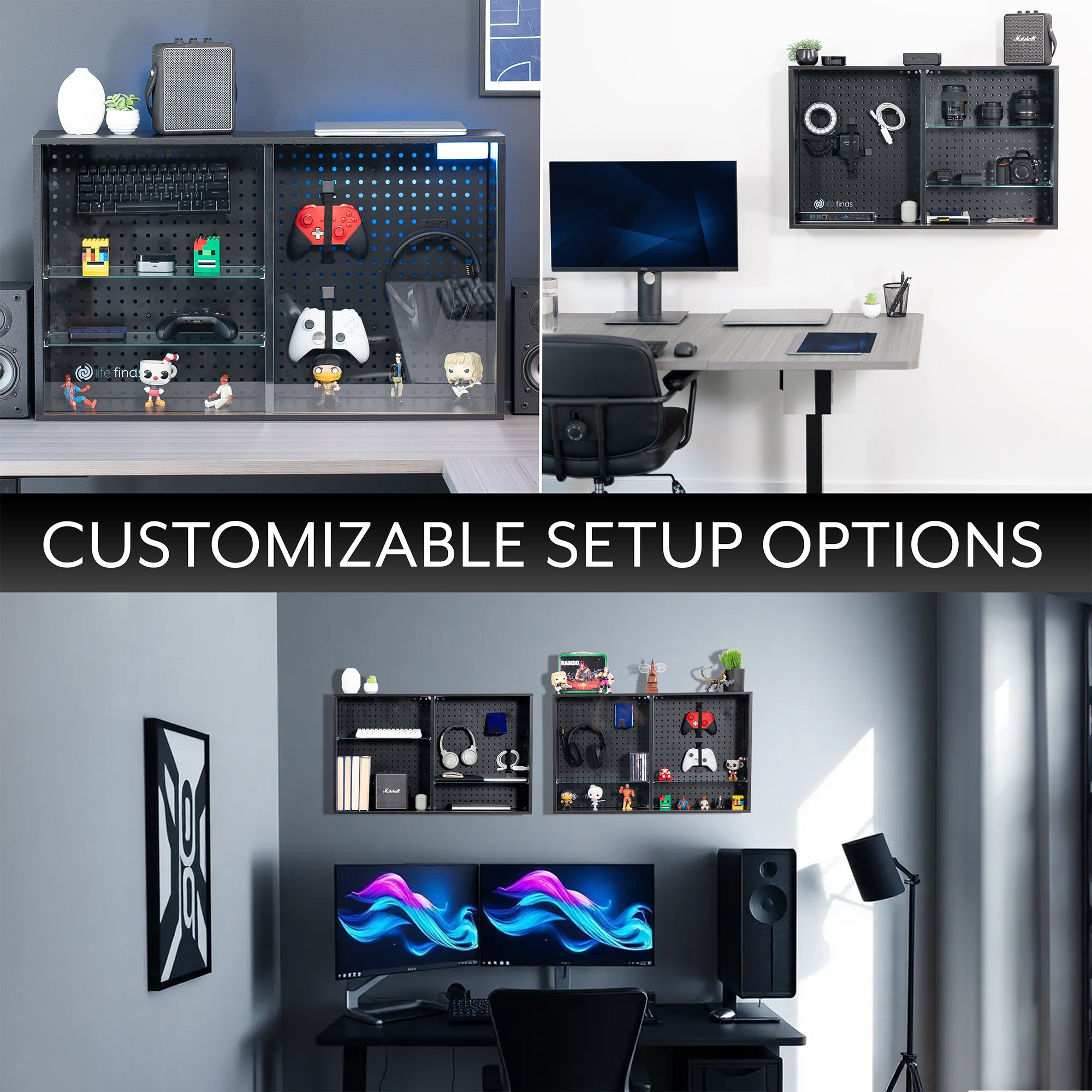 Pegboard cabinet with sliding glass doors for convenient storage and decor. Organization accessories are included and the glass shelves are height adjustable. Use as a freestanding display or wall mount to wood studs, brick, or concrete with hardware and instructions included.