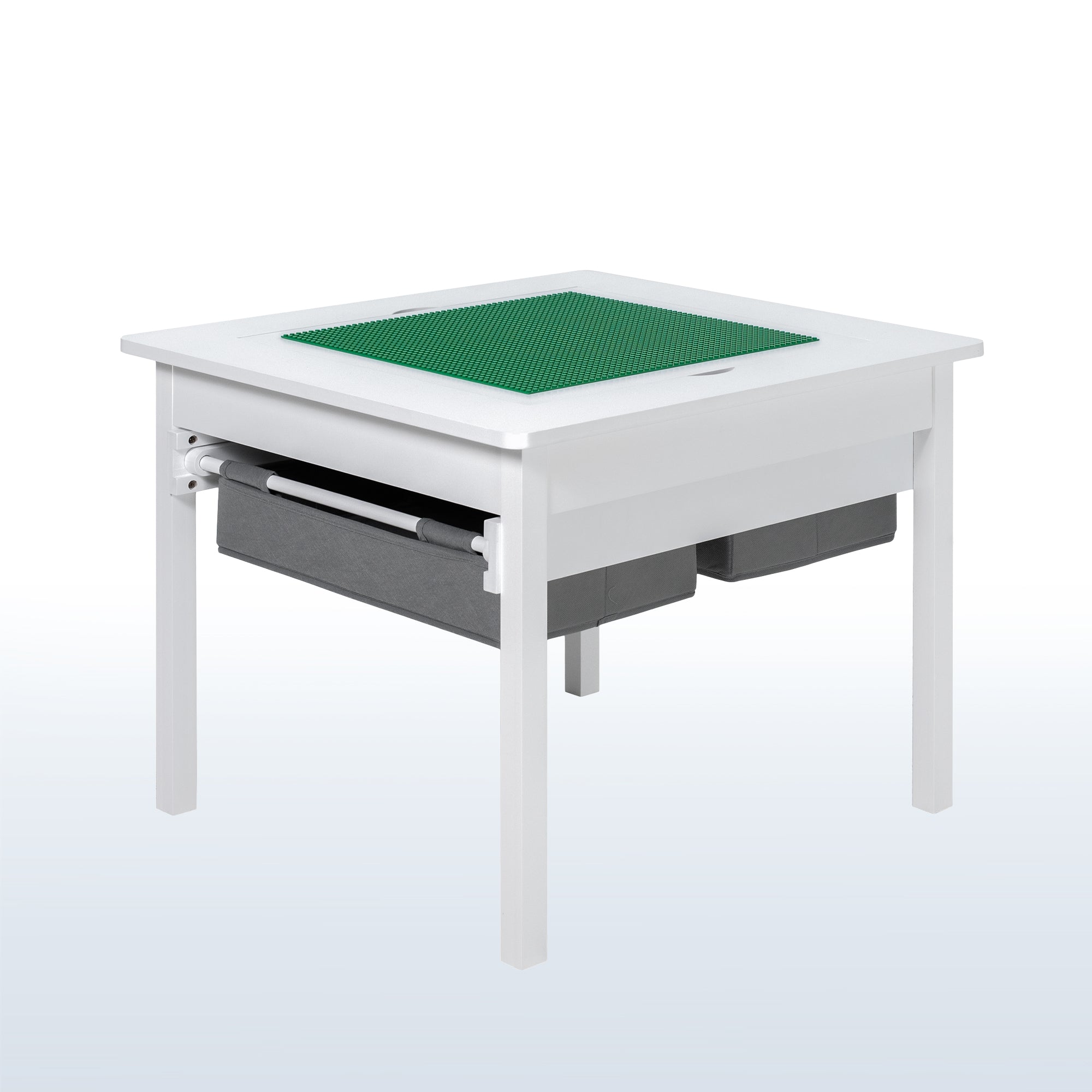 Kids' play table for Lego building bricks with reversible building base top and two pull-out drawers.