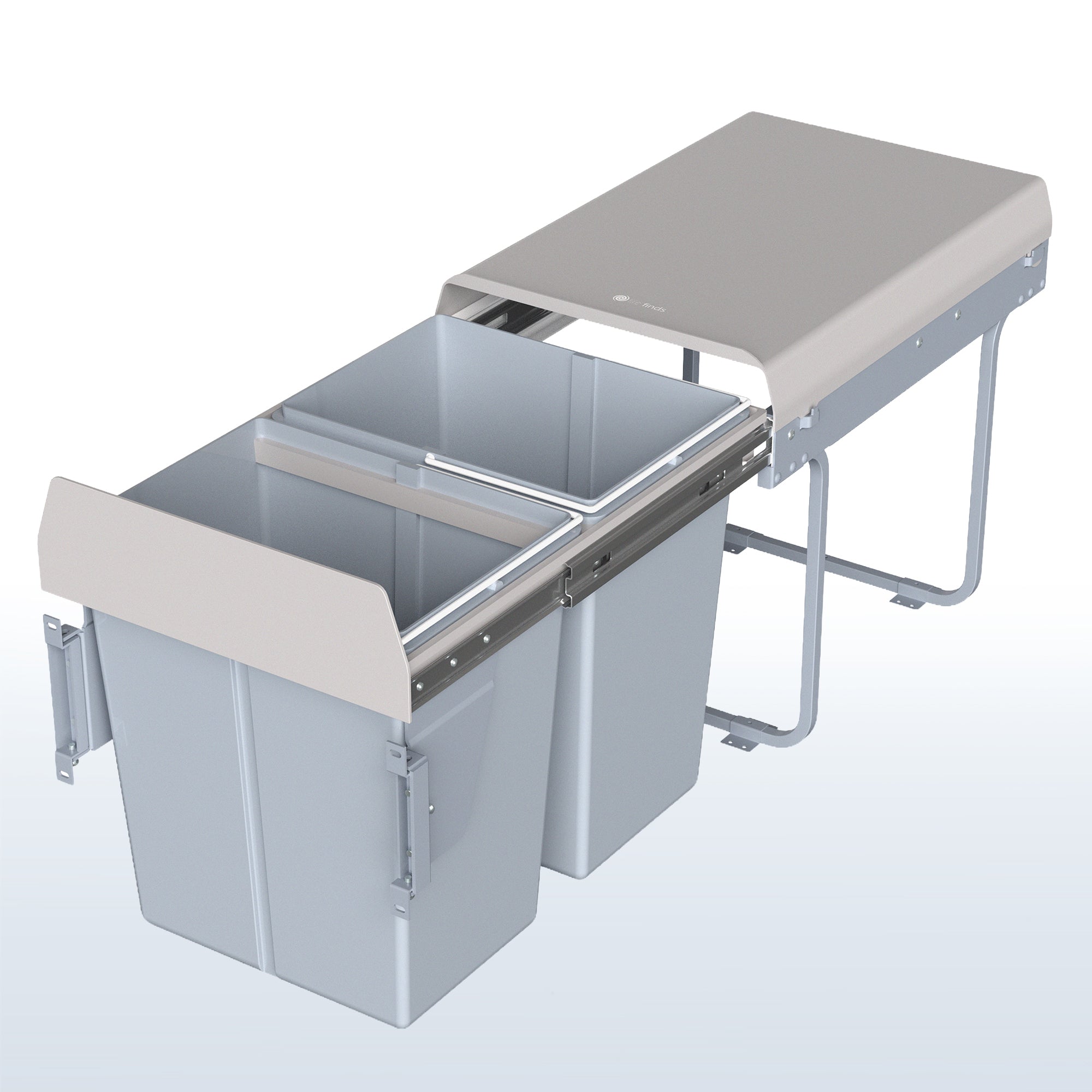 An under-counter dual trash can system with silver containers and a beige lid, including mounting hardware.