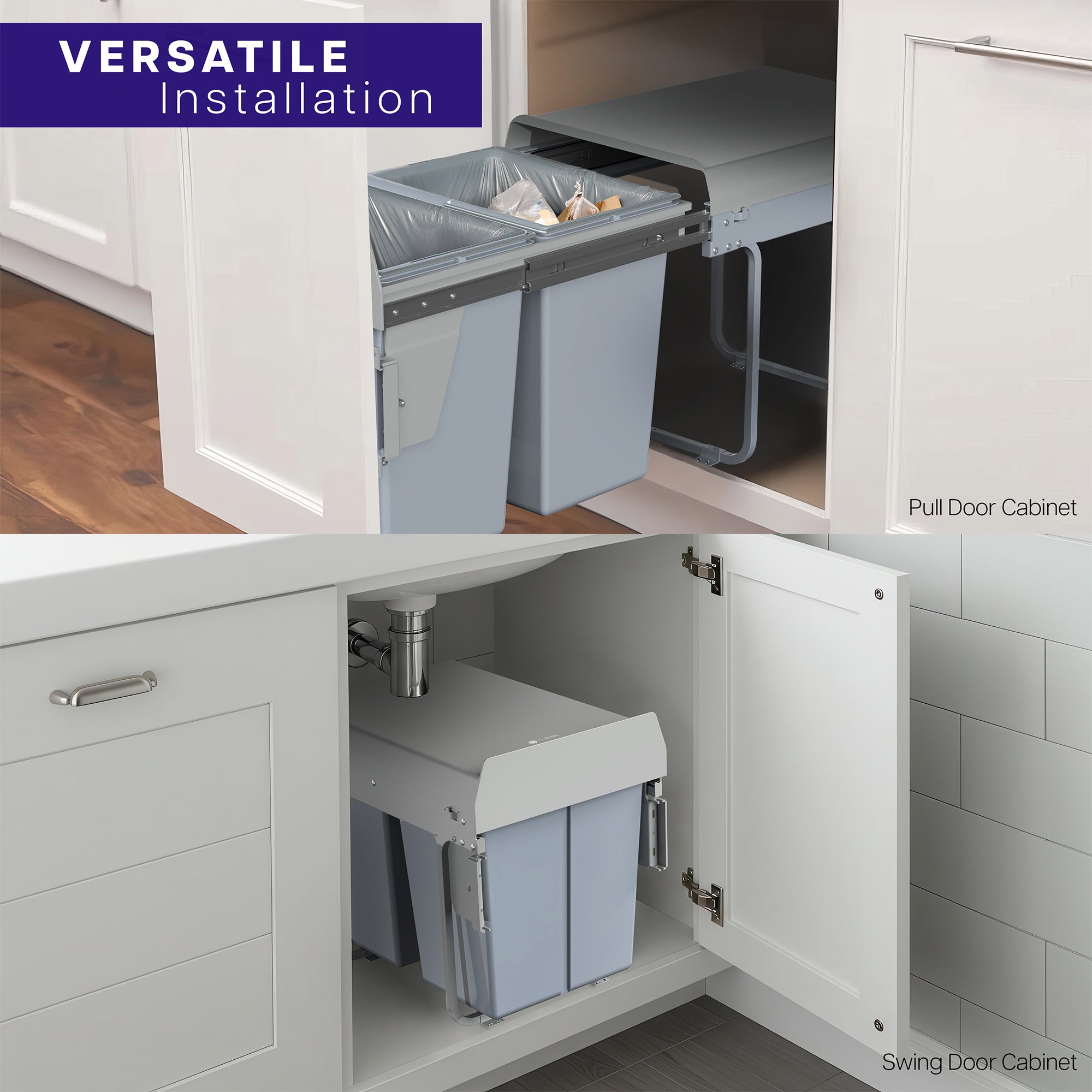An under-counter dual trash can system with silver containers and a beige lid showing versatile installation.