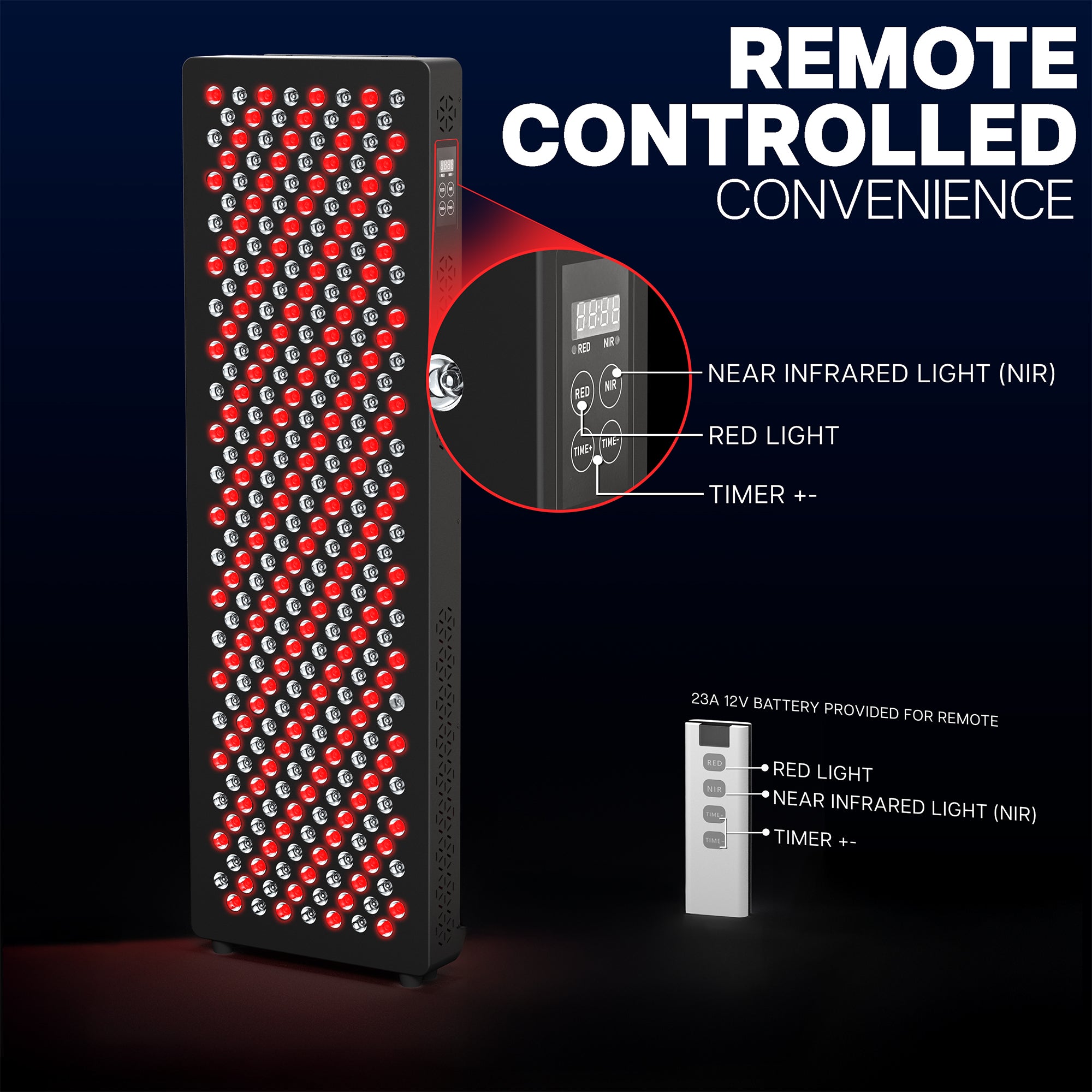 Remote-controlled Red light therapy device with red and white lights on a dark background
