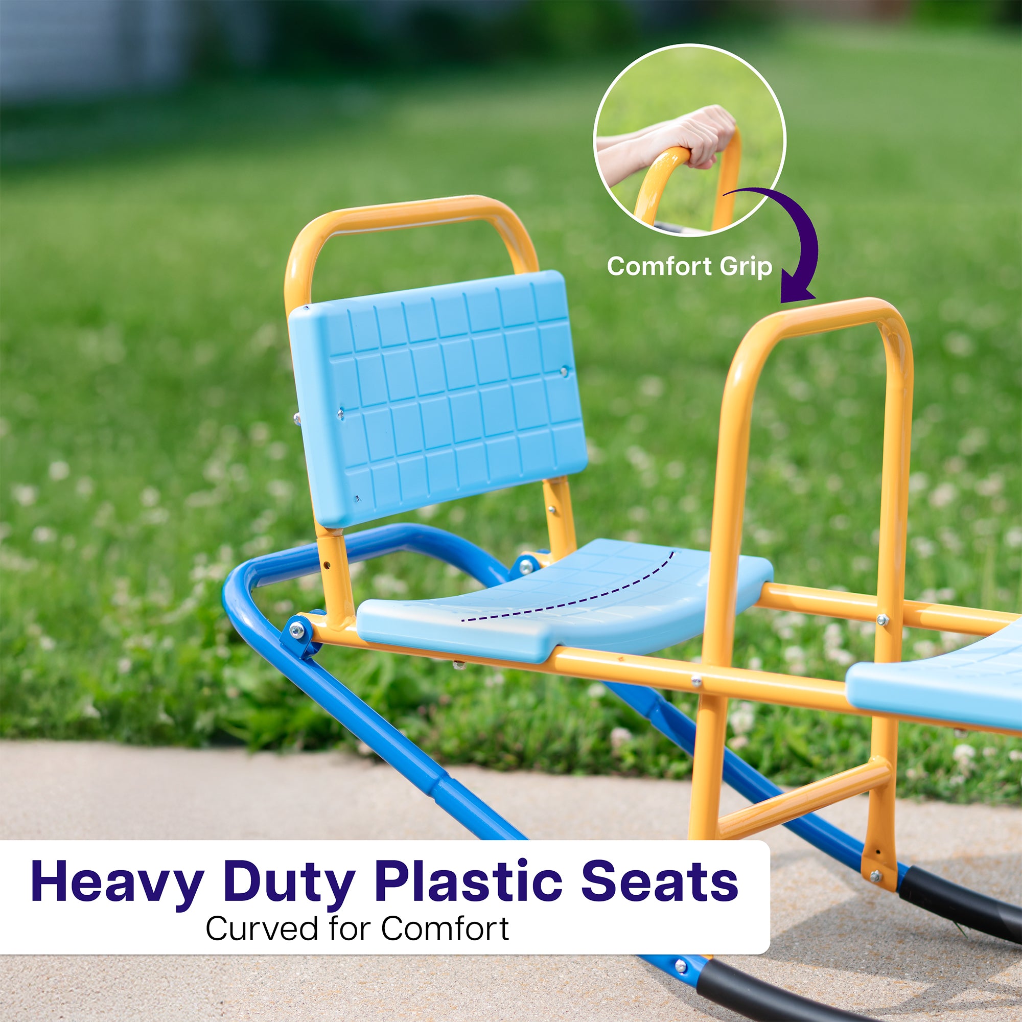 Children's seesaw with blue and yellow seats, featuring a comfort grip on a grassy background.