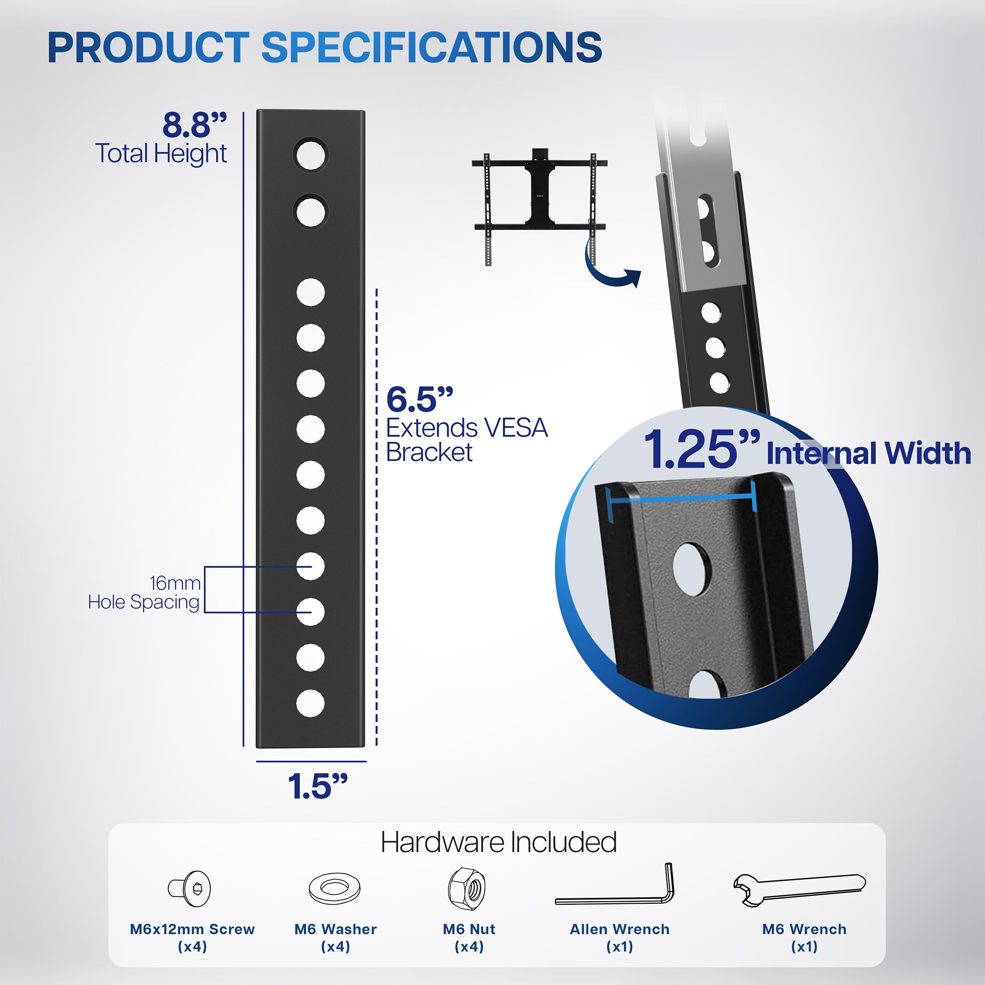 Vertical overhead VESA plate extender brackets.