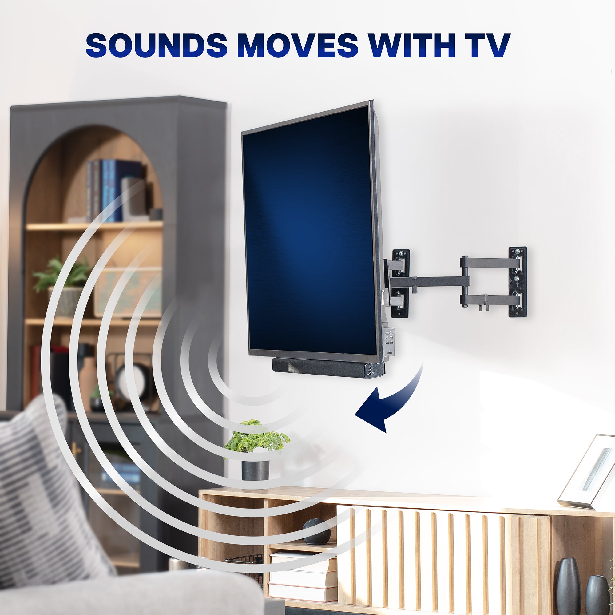 Wall-mounted TV with a Soundbar TV Mount sound wave graphics indicating 'Sounds moves with TV' in a living room setting.