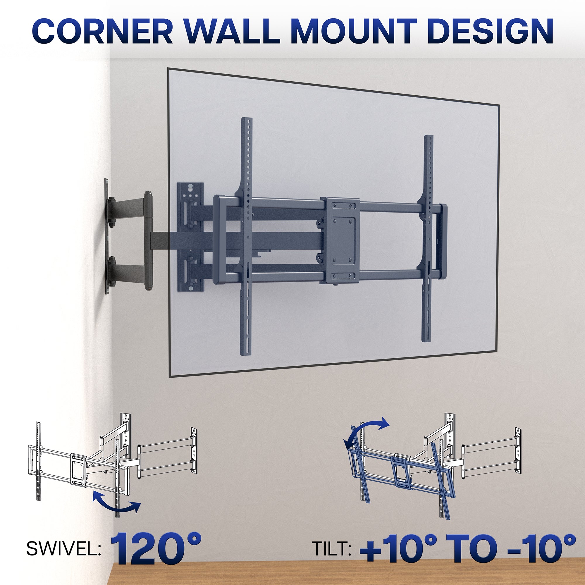 Corner Large TV Wall Mount for 46" to 100" Screens with swivel and tilt features on a white background.