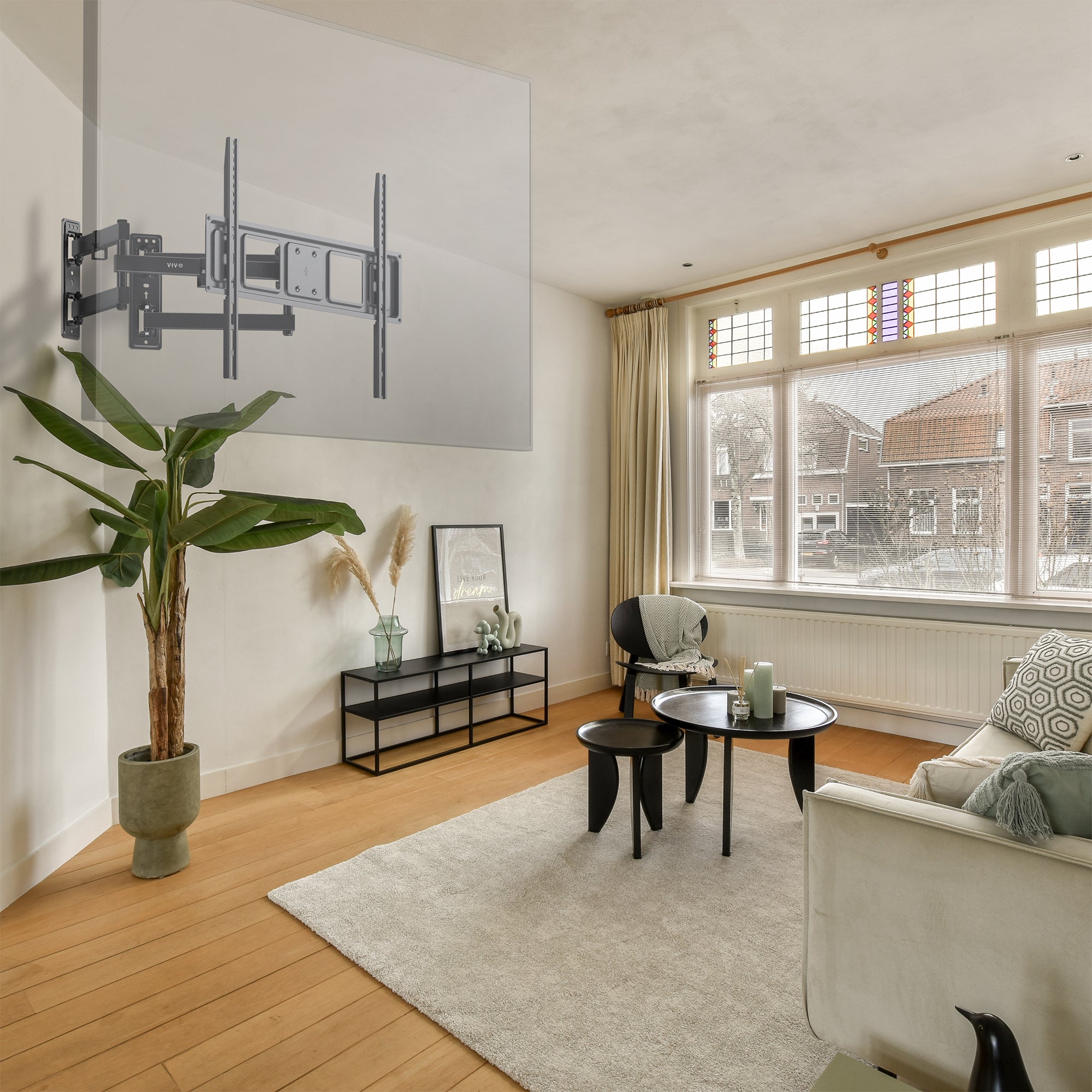 Sturdy corner wall mount for TV in living room.