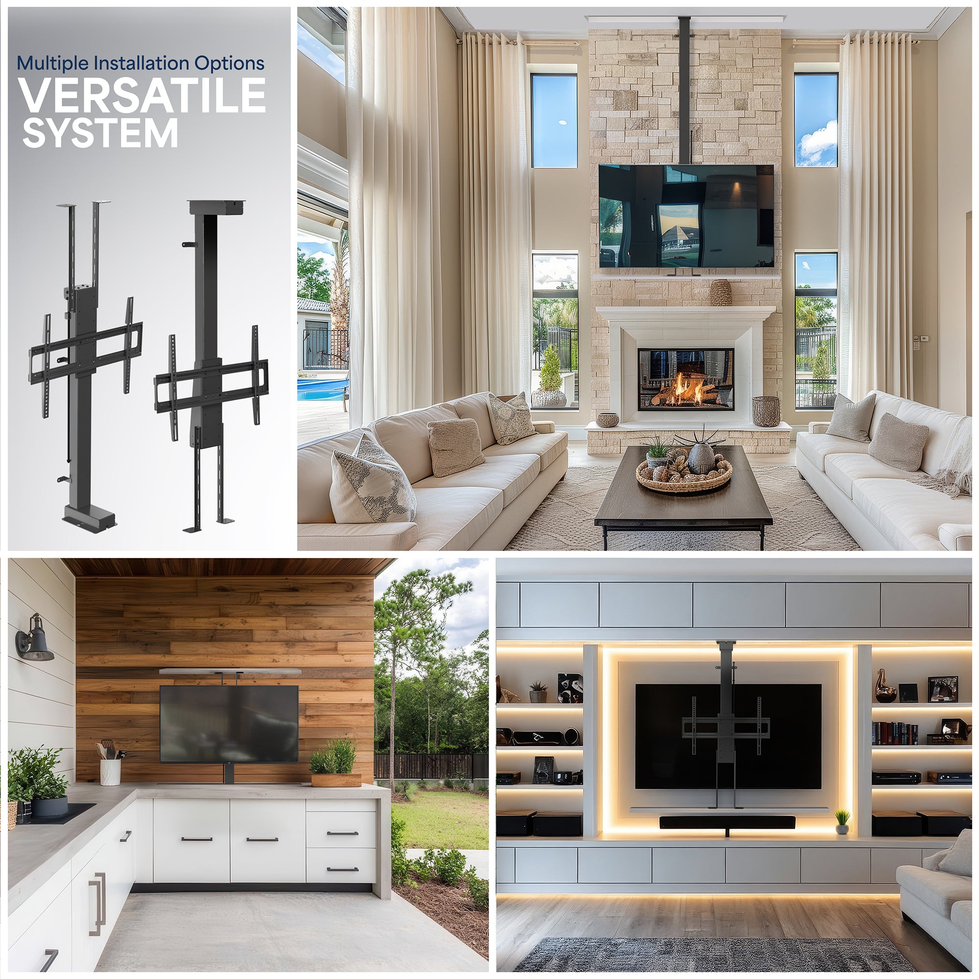 A motorized large TV mount with remote control, showing a flat panel TV attached to a ceiling mount with an extension pole.