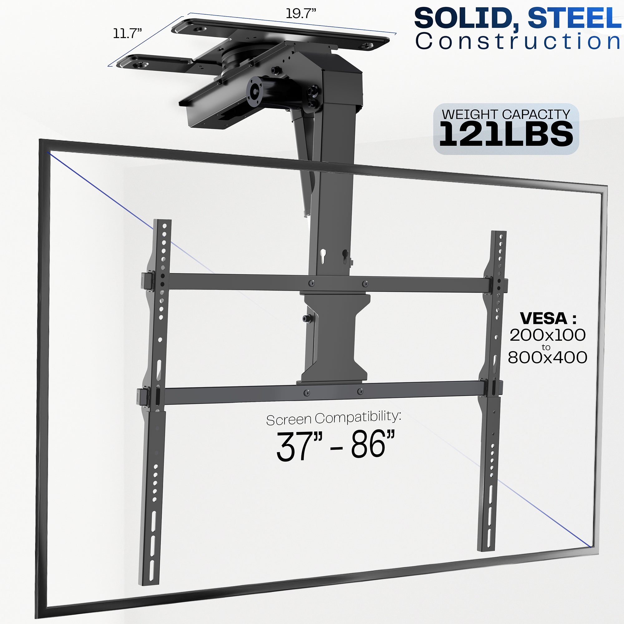 Electric Flip Down / Swivel Ceiling Mount for 37” to 86” TVs with specifications on a white background