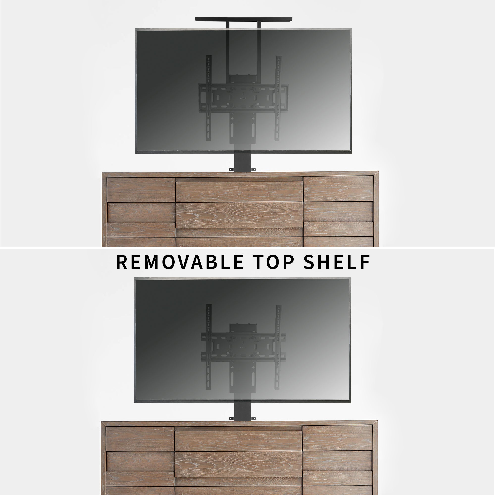 A motorized TV stand in black color with a removable top shelf feature.