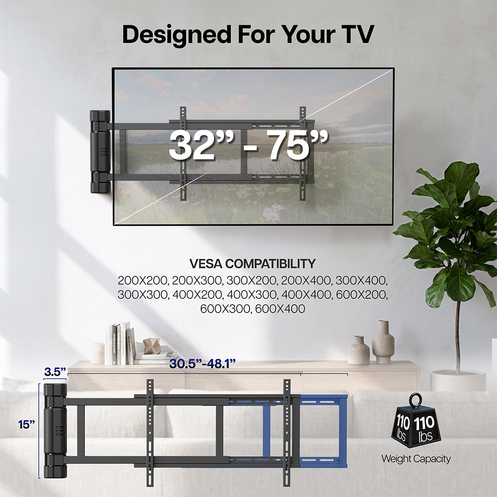 TV wall mount with size and compatibility information on a white wall.