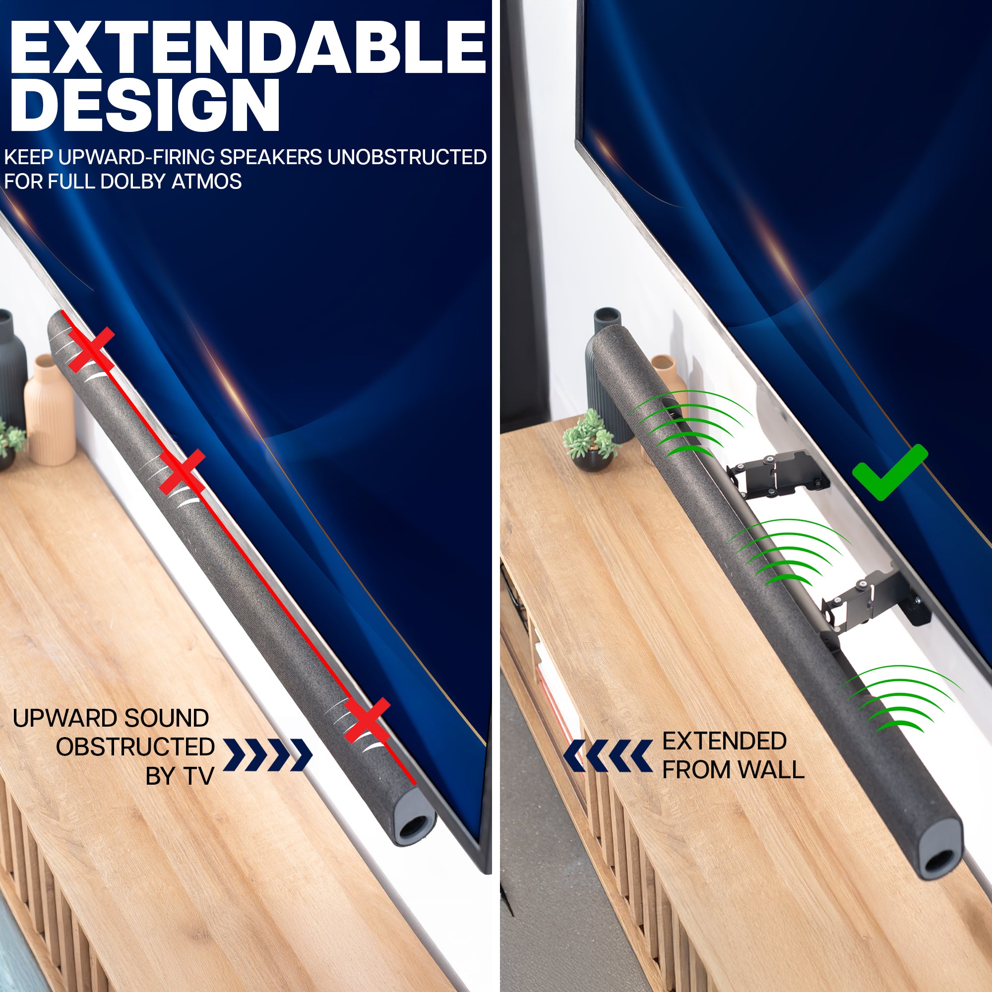 Extendable design feature for upward-firing speakers with a TV in the background.