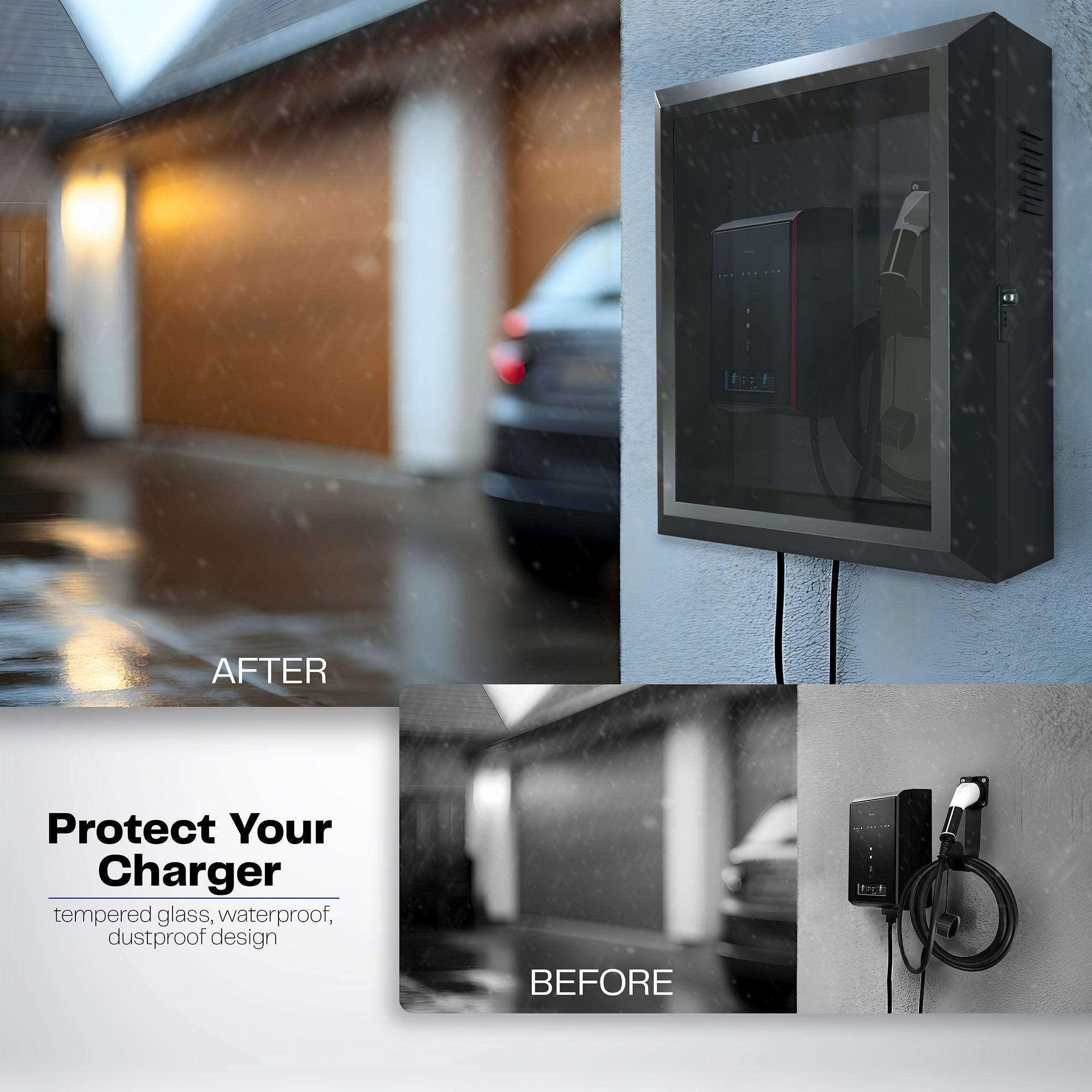 A black EV charger box with a glass door and a lock, accompanied by a key and a remote control.