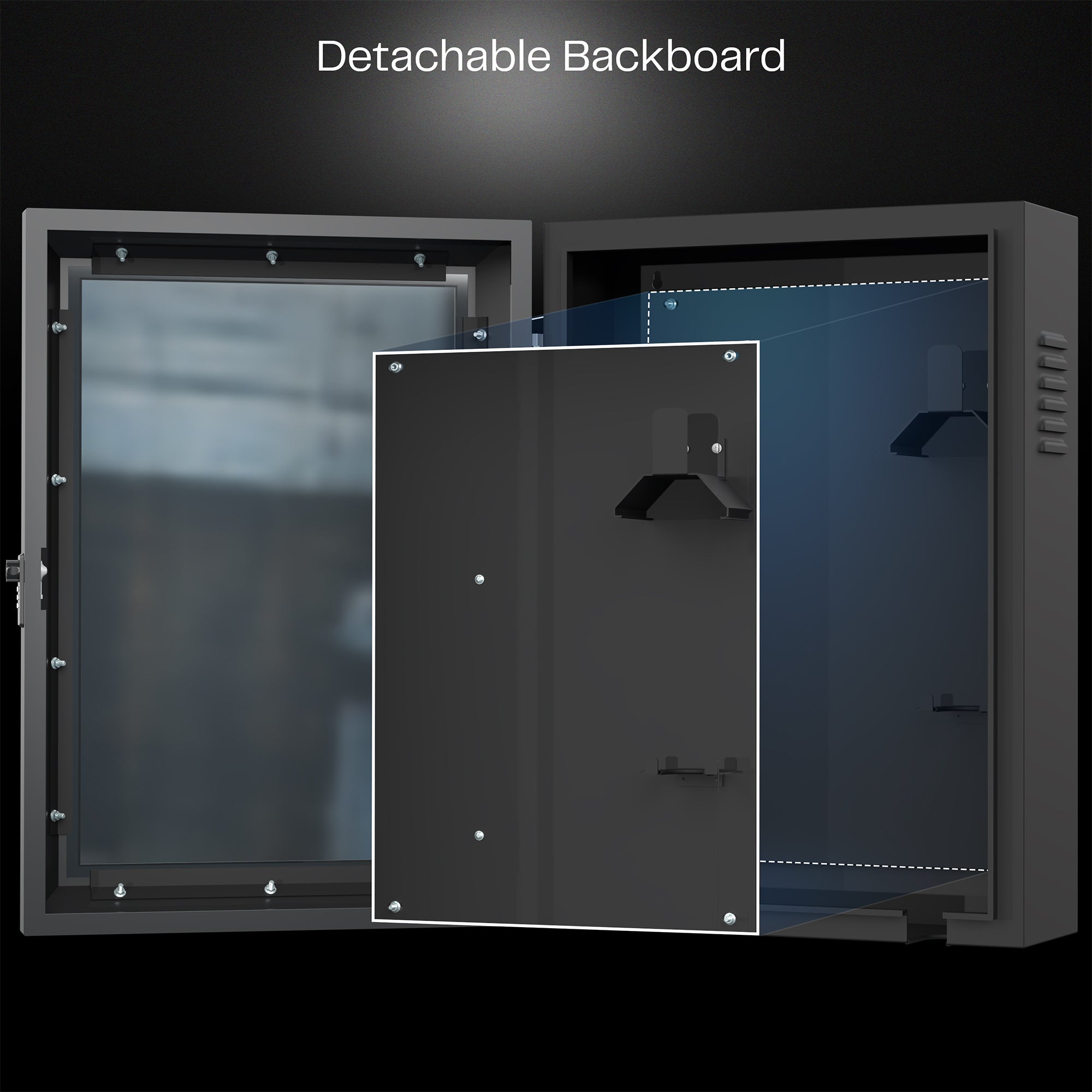 Black wall-mounted water-resistant EV charger box with a locking glass door and detachable backboard.