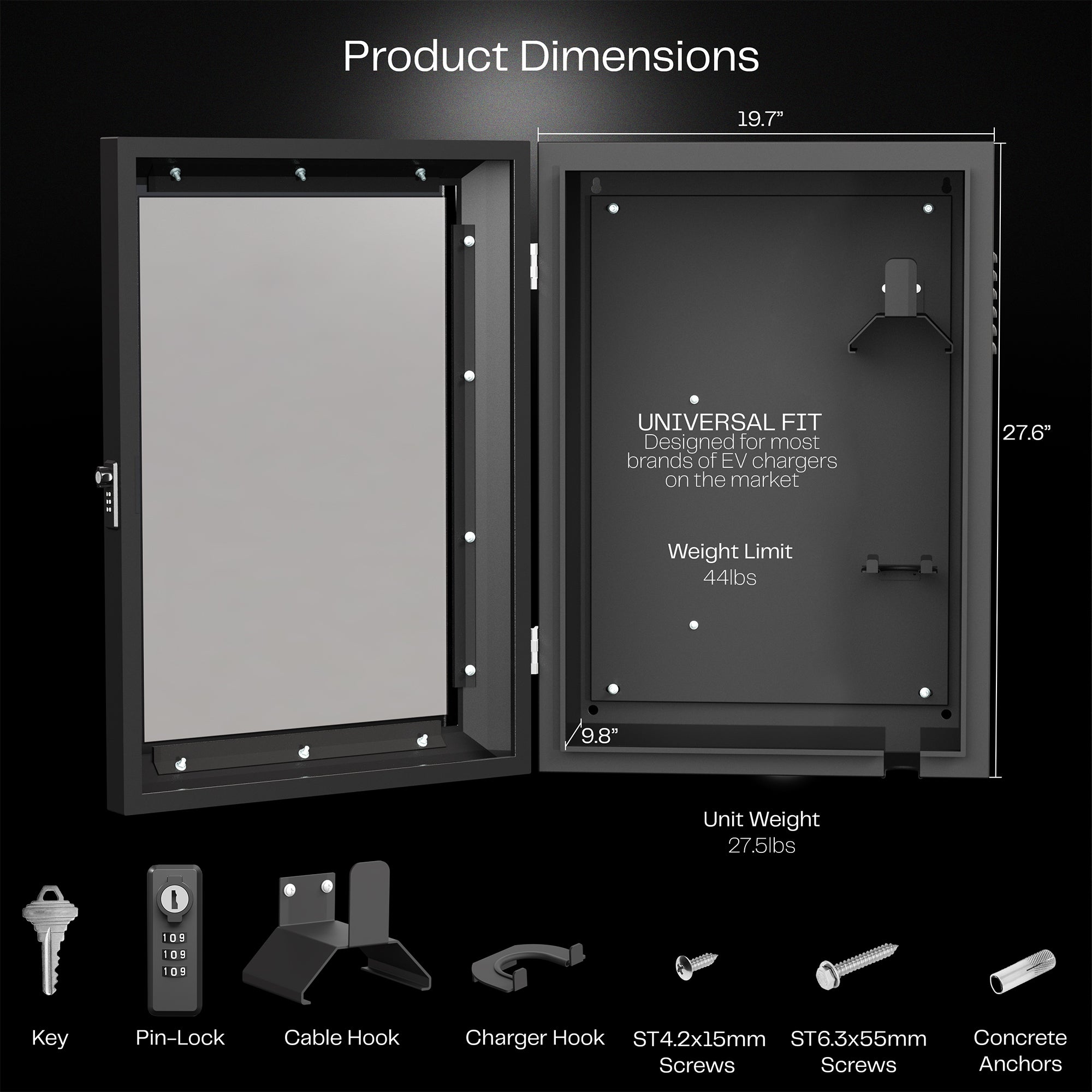 A black EV charger box with a glass door and a lock, accompanied by a key and a remote control.