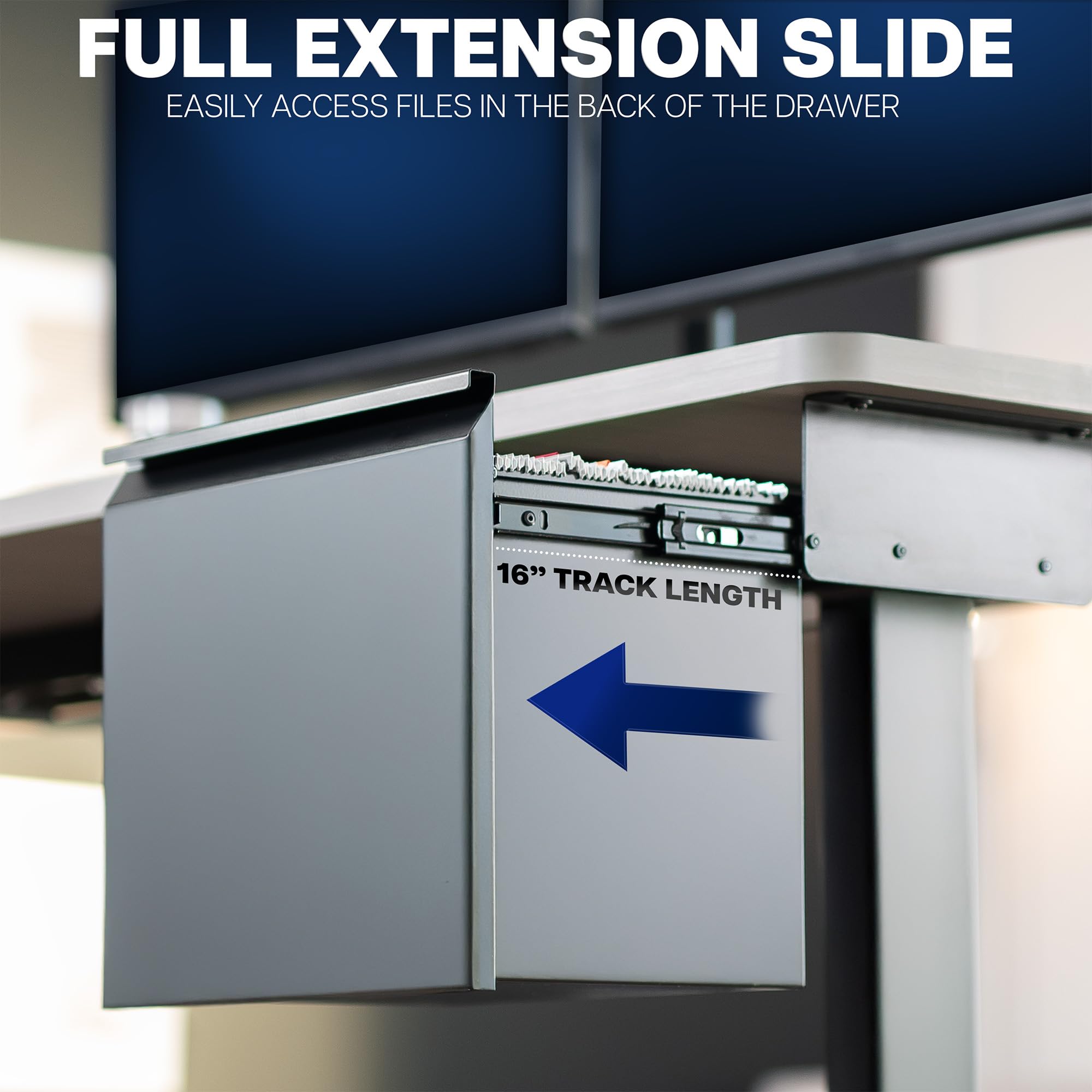 Full extension slide mechanism of the under desk filing cabinet with text indicating track length.