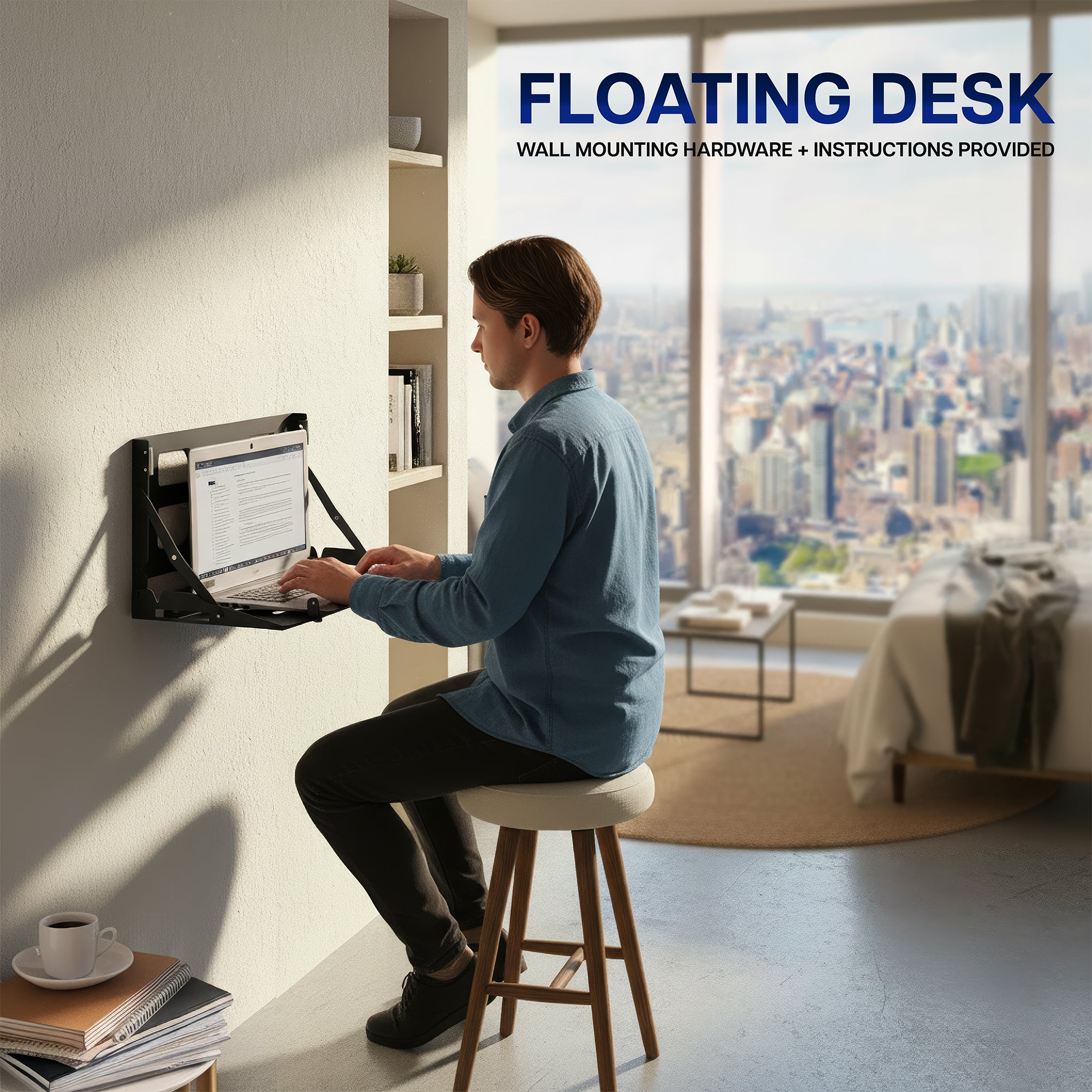 VIVO Wall Mount holding a laptop mounted to a wall with a man sitting on a stool typing on the laptop