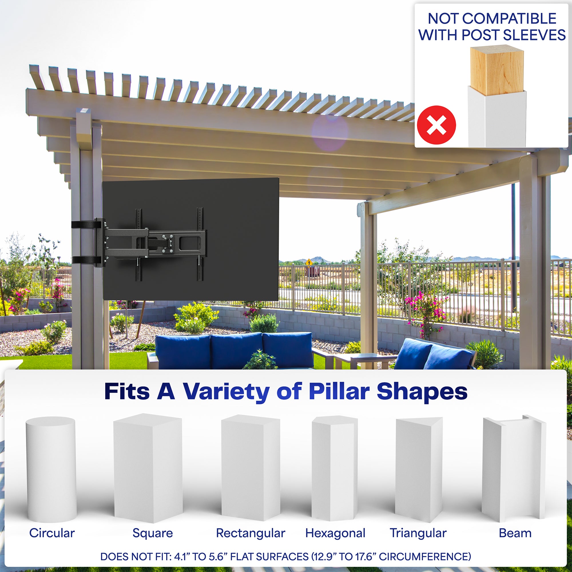 Outdoor pergola with TV mount compatibility issues and pillar shapes compatibility information.