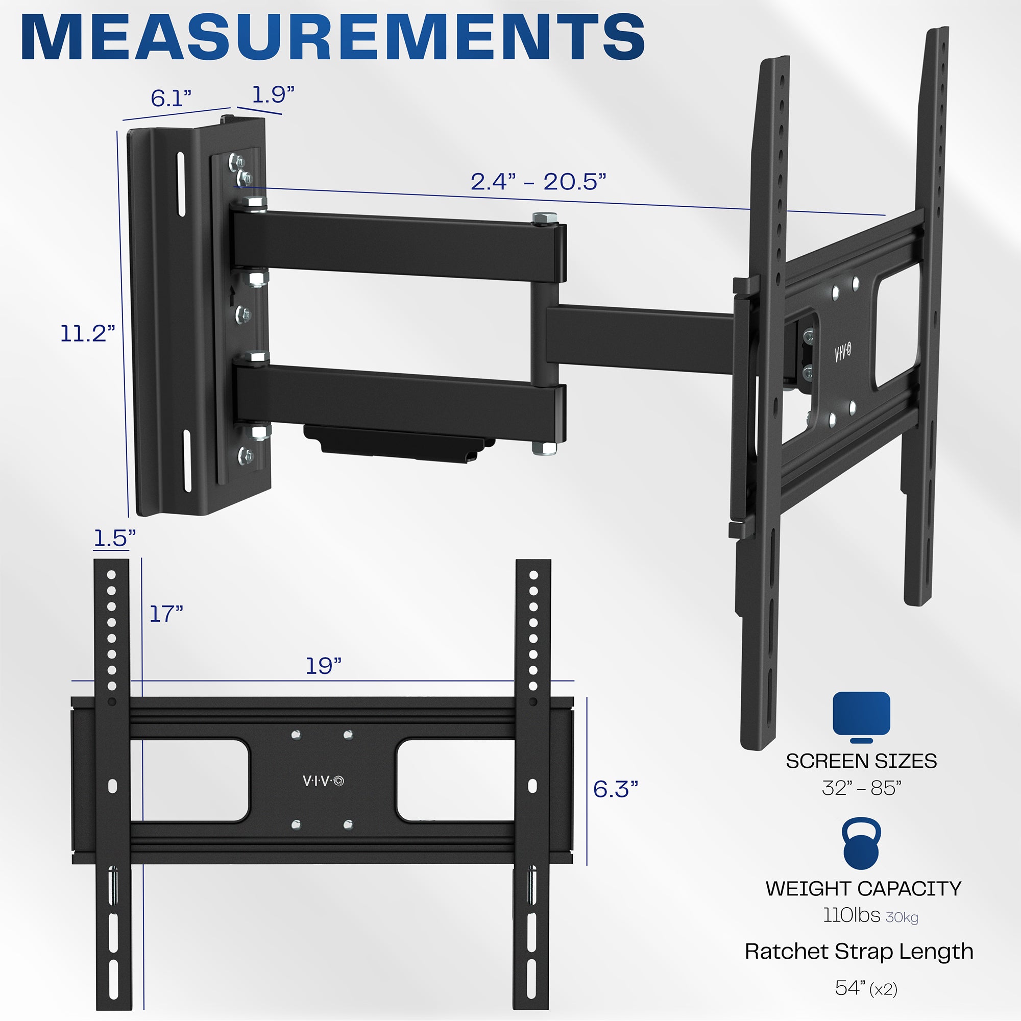 Outdoor Full Motion 32" to 85" Gazebo TV Mount Measurements and Specifications.