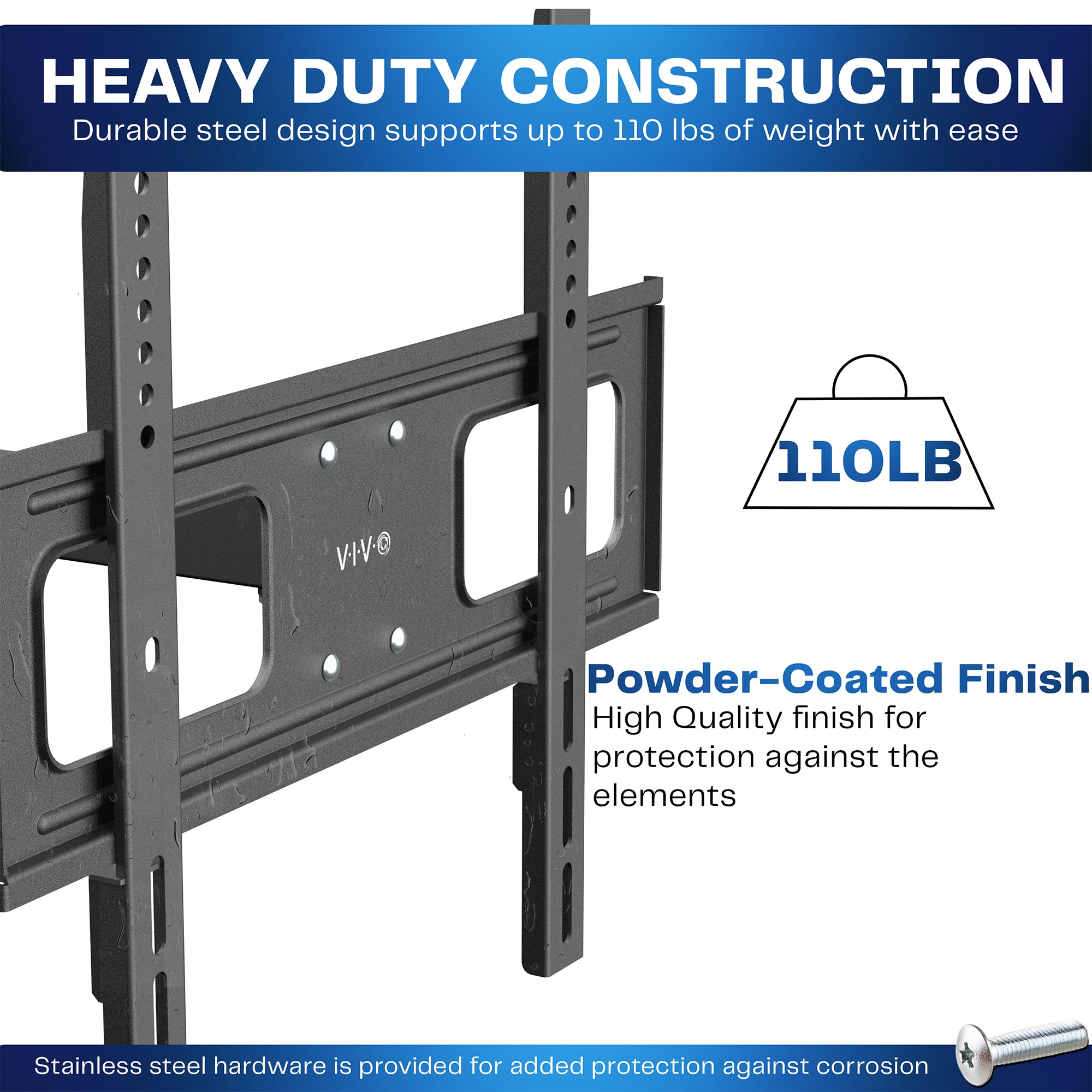 Heavy-duty TV stand with durability features highlighted on a white background