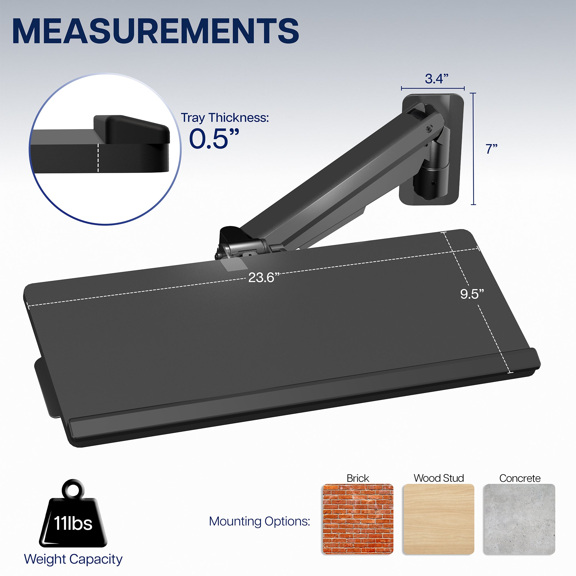Pneumatic Wall Mounted Keyboard Tray with measurements and mounting options displayed