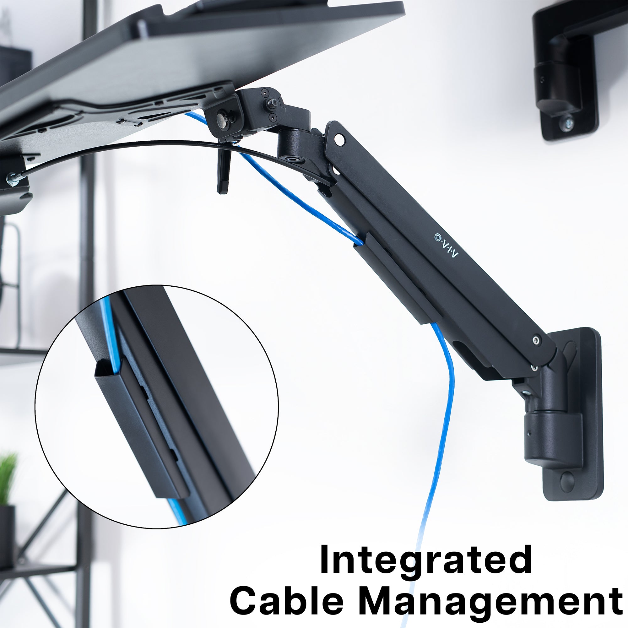 Pneumatic Wall Mounted Keyboard Tray with integrated cable management on a white background