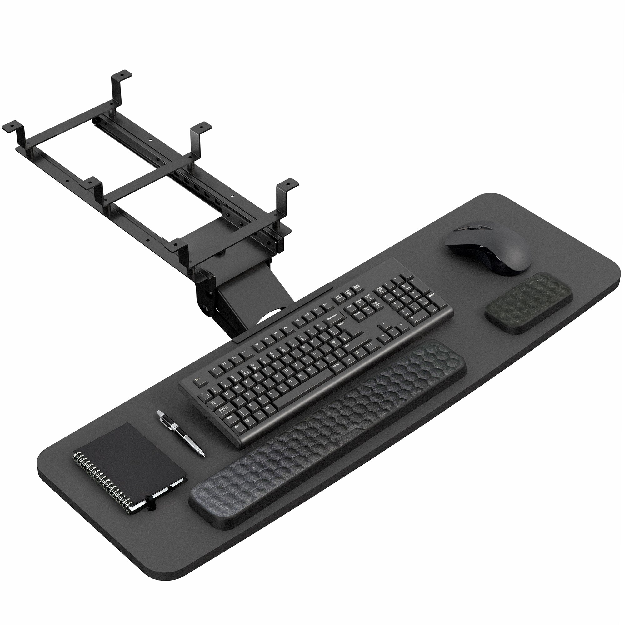 Adjustable under desk pull out keyboard tray mount with included padding.