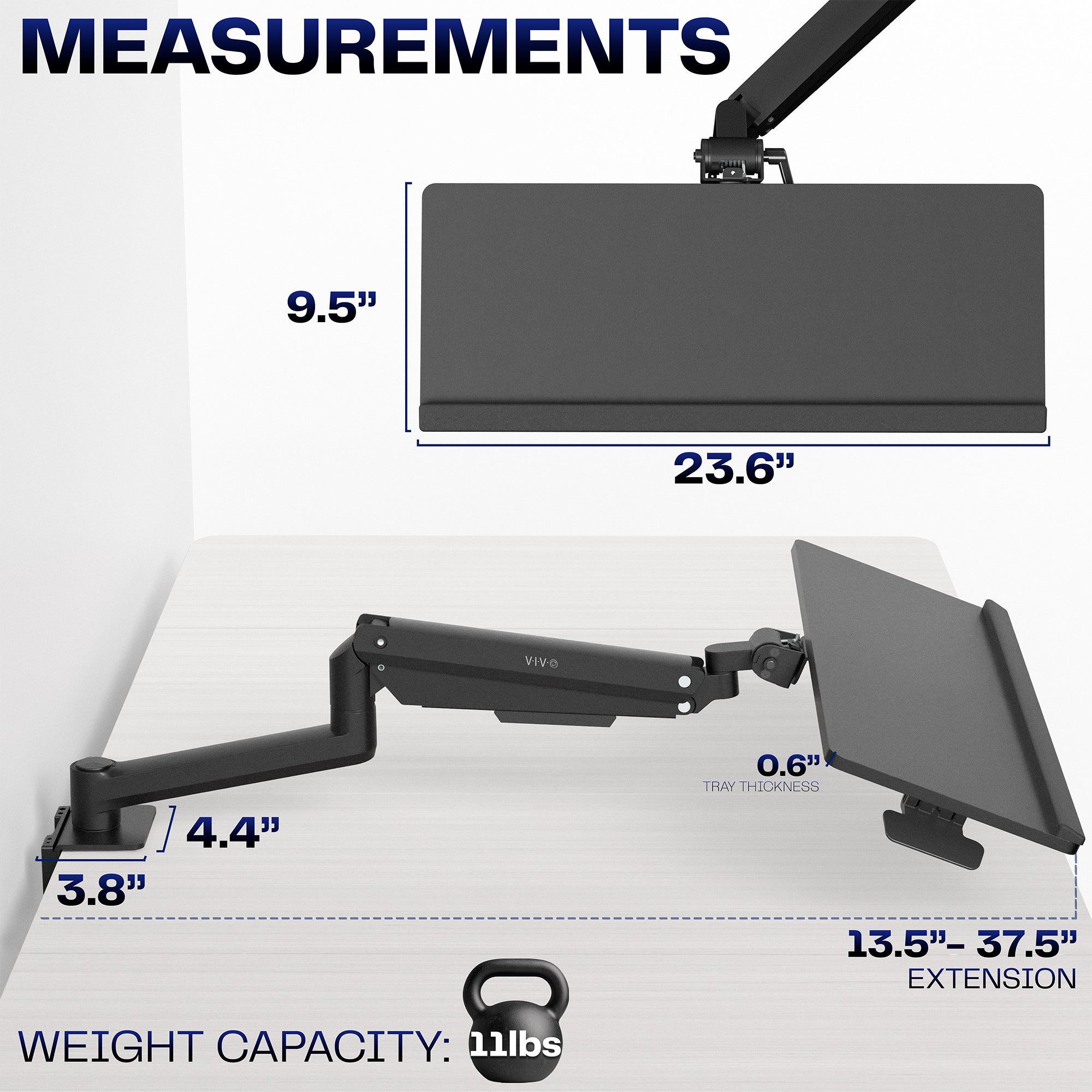 Pneumatic Clamp-on Keyboard Tray with measurements and weight capacity displayed on a white background
