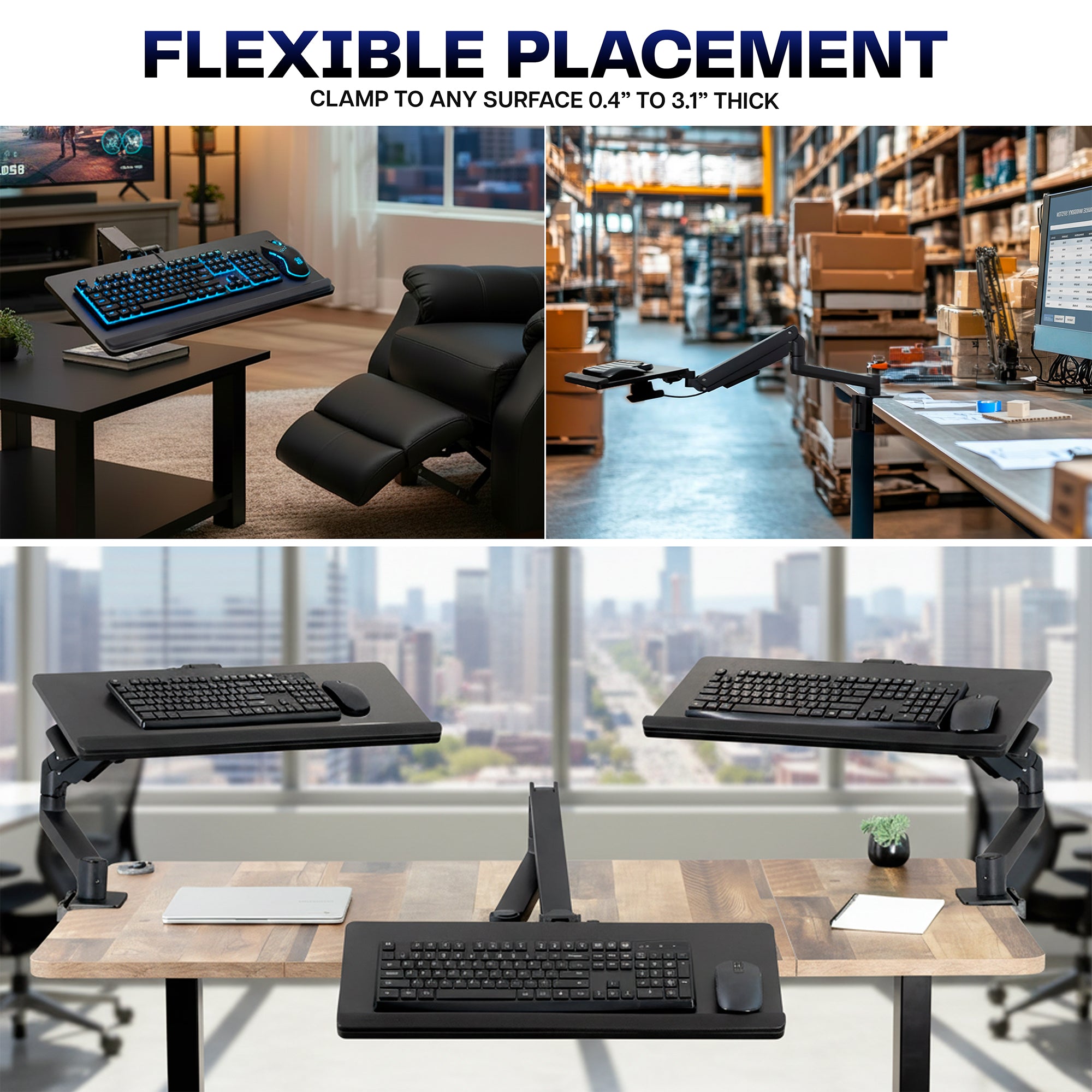 Keyboard tray with flexible placement feature being shown in various settings