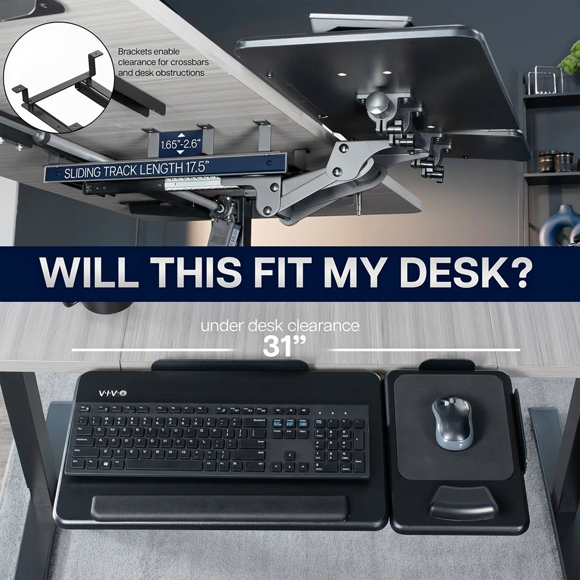 Keyboard Tray with dimensions asking if this will fit my desk.