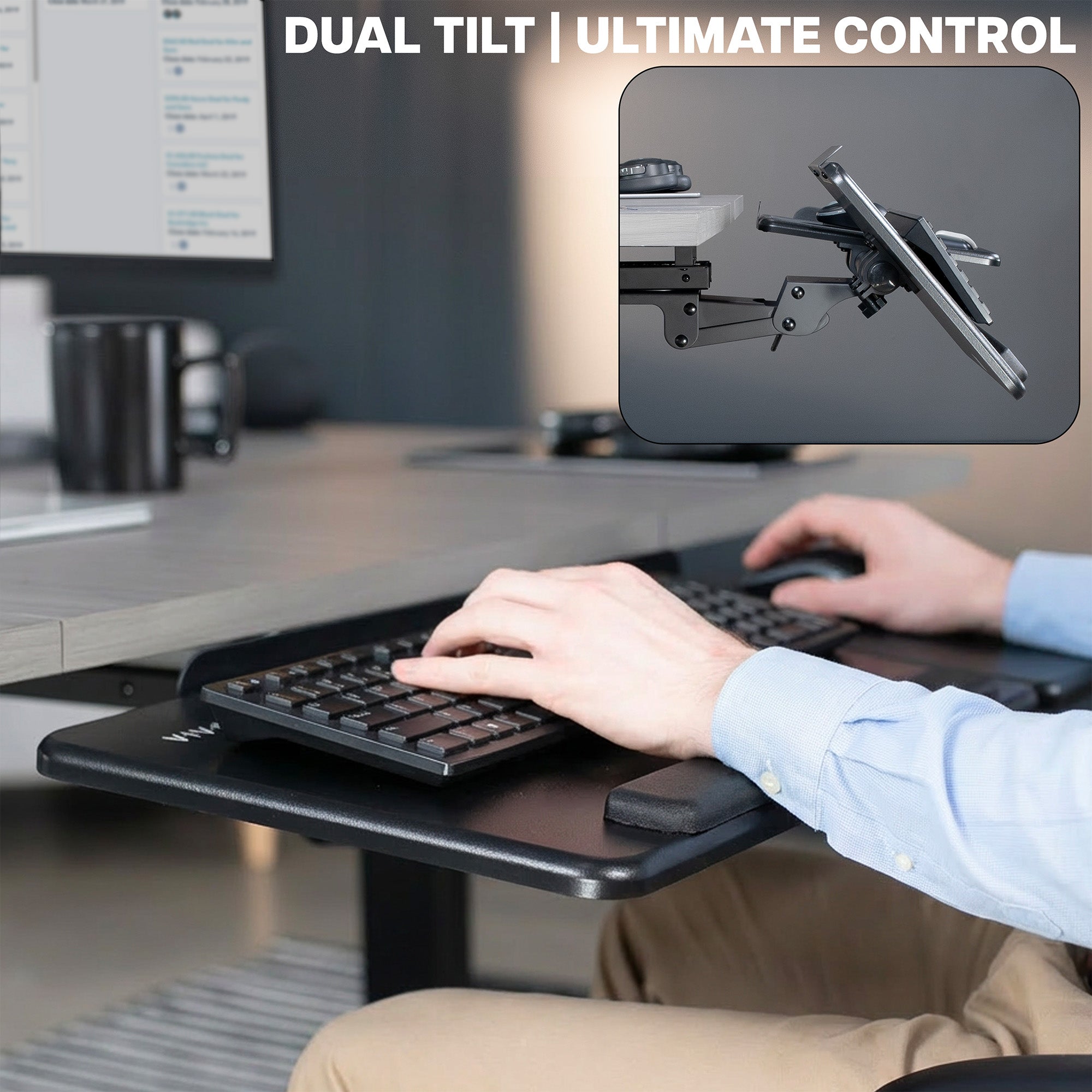 Person using a keyboard on a dual tilt keyboard tray with a close-up inset of the desk's adjustable features.