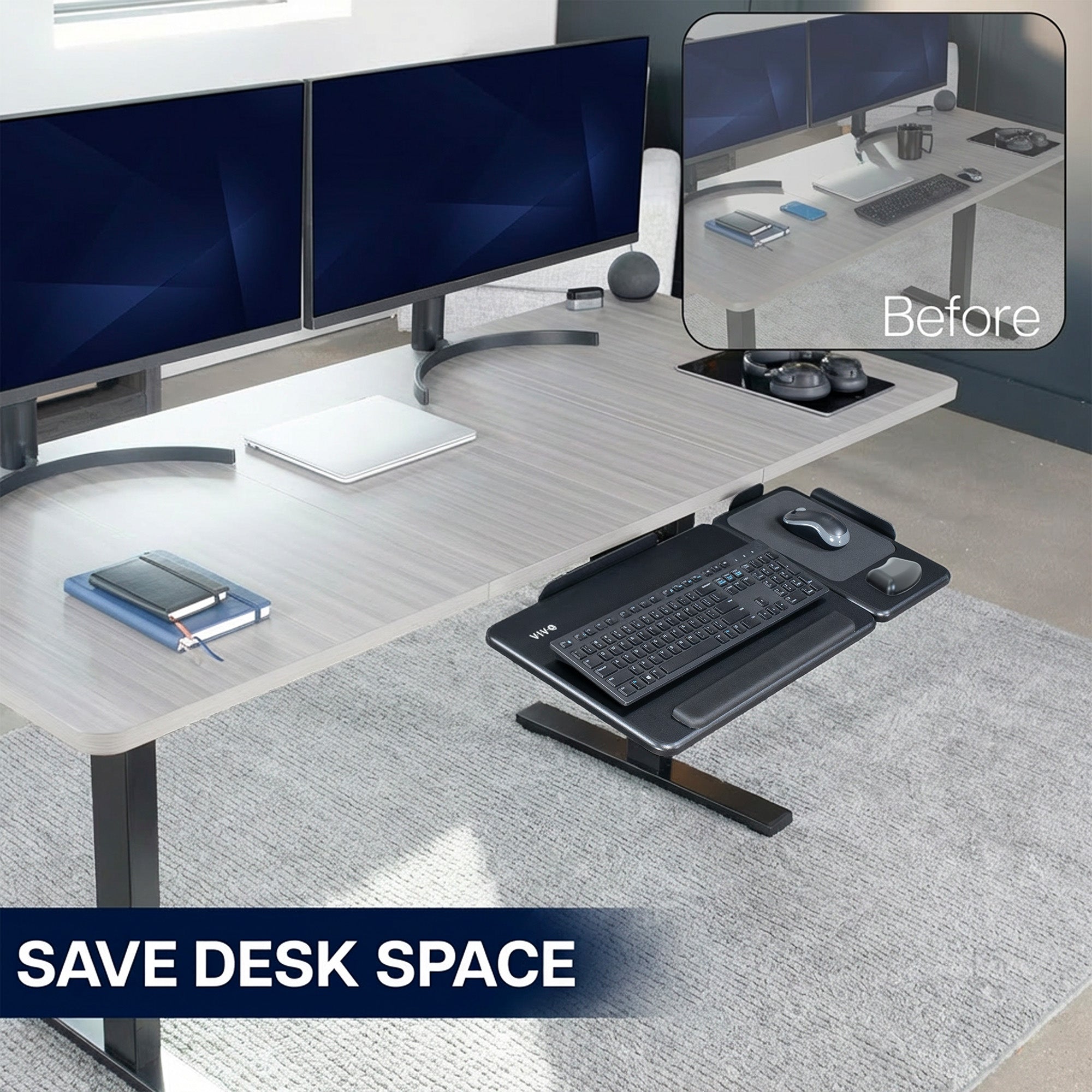 Desk setup with a keyboard tray and two computer monitors on a white desk.